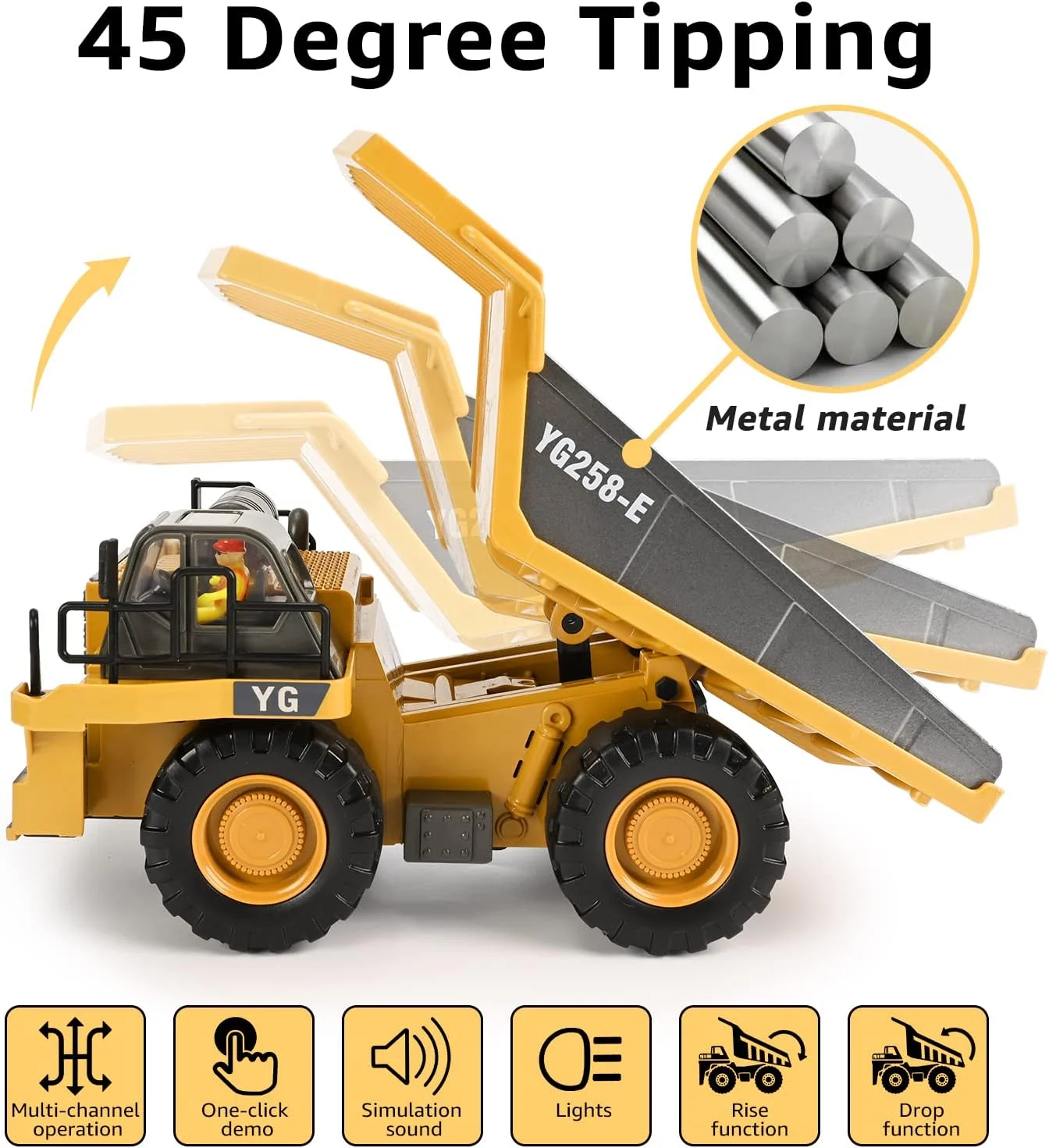 اسباب بازی کامیون کمپرسی کنترلی 9 کاناله با 2 باتری، ماشین های اسباب بازی ساختمانی RC با تخت فلزی، چراغ ها/صداها، هدیه تولد برای پسران 3 سال به بالا