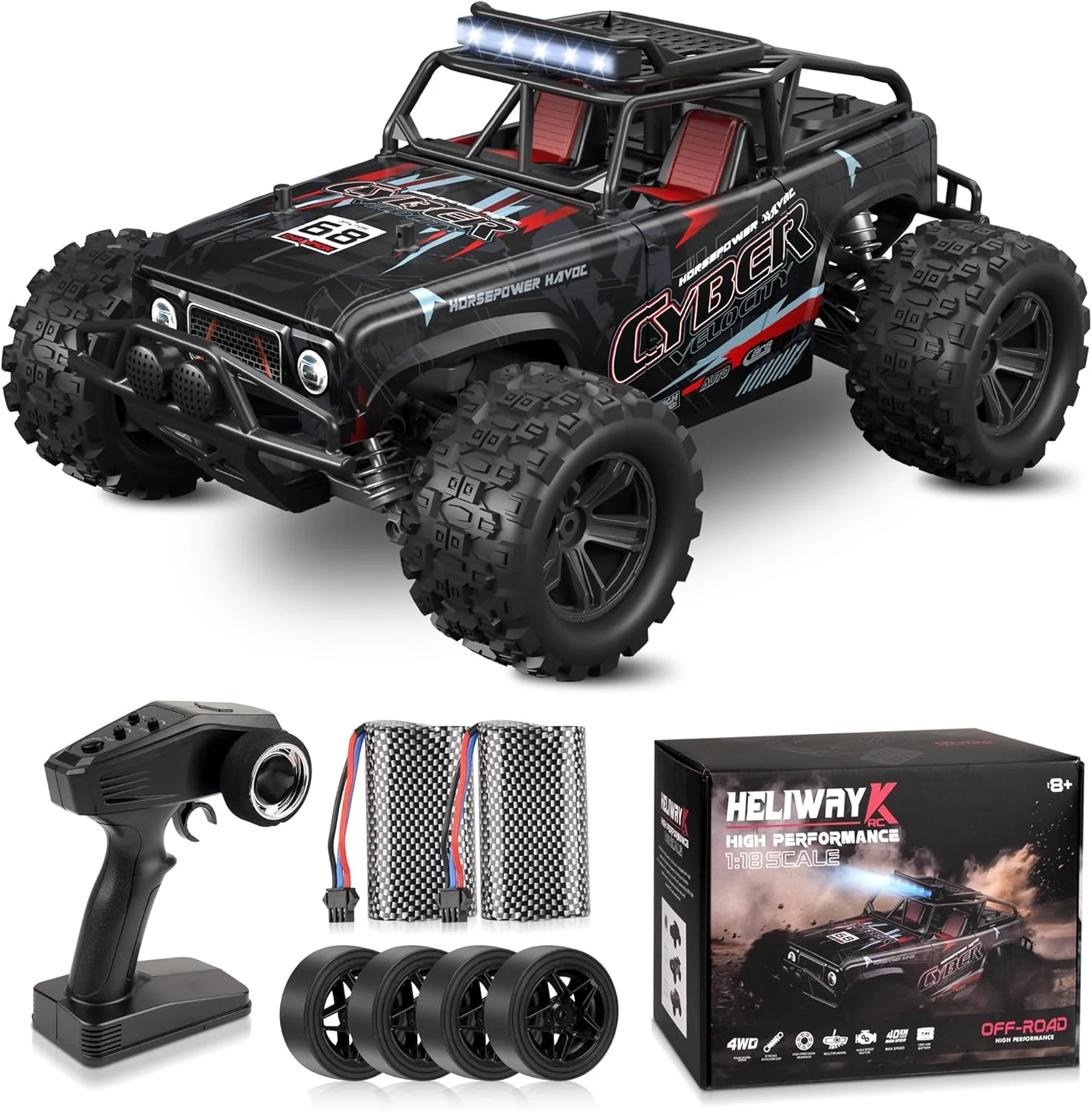 ماشین کنترلی - مقیاس 1:18 با سرعت بالا 40 کیلومتر در ساعت، ماشین آرسی 4WD آفرود، 2 باتری، 2.4 گیگاهرتز، اسباب بازی تمام زمینی، ماشین های سریع شارژی برای کودکان و بزرگسالان - مشکی