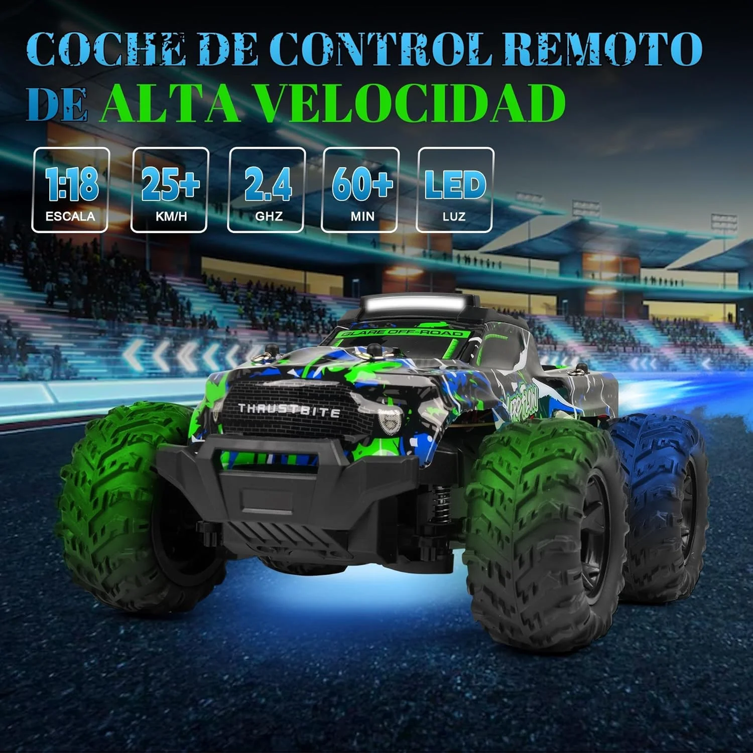 ماشین کنترلی - چراغ ال ای دی پر سرعت ۱:۱۸ با سرعت ۲۵ کیلومتر در ساعت، ماشین آرسی با قابلیت اسپری، ۲.۴ گیگاهرتز، کامیون آفرود مناسب تمام سطوح، دارای ۲ باتری، اسباب بازی سریع مناسب پسران ۳، ۴، ۵، ۶، ۷، ۸ ساله - سبز