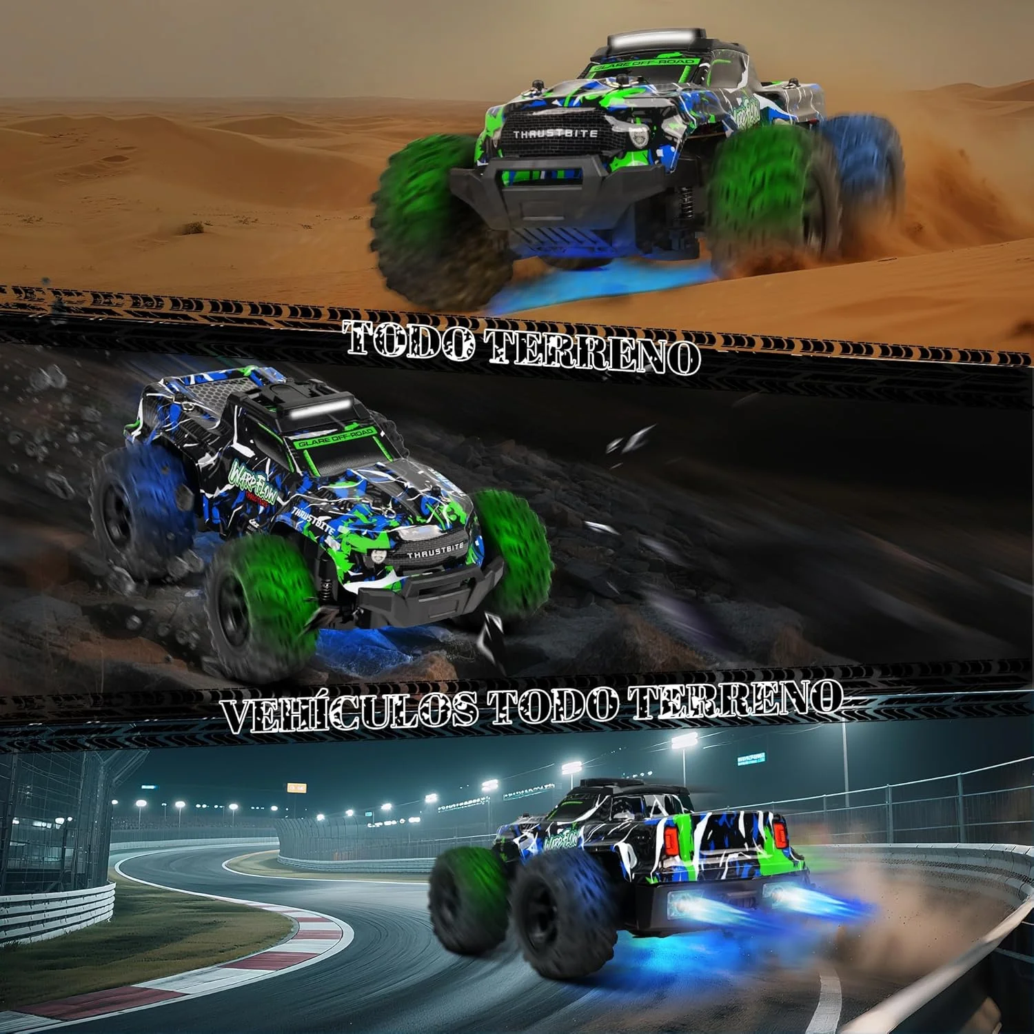 ماشین کنترلی - چراغ ال ای دی پر سرعت ۱:۱۸ با سرعت ۲۵ کیلومتر در ساعت، ماشین آرسی با قابلیت اسپری، ۲.۴ گیگاهرتز، کامیون آفرود مناسب تمام سطوح، دارای ۲ باتری، اسباب بازی سریع مناسب پسران ۳، ۴، ۵، ۶، ۷، ۸ ساله - سبز