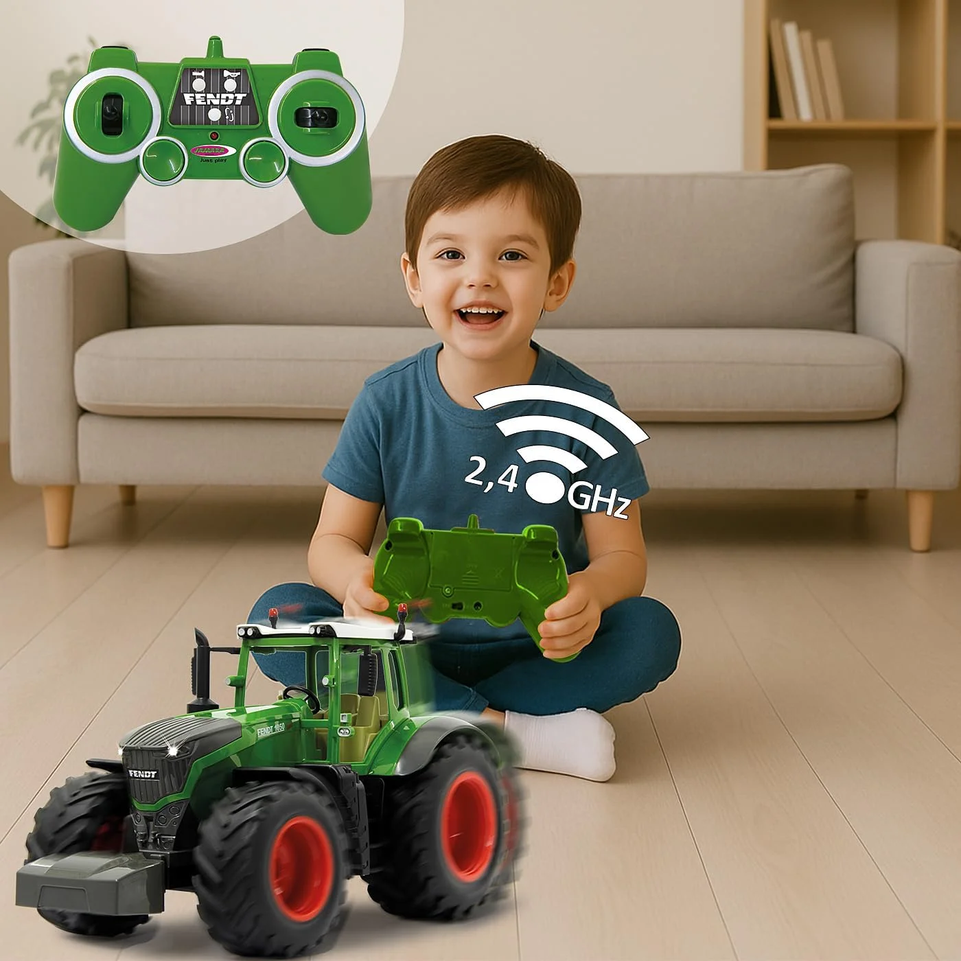 تراکتور کنترلی جامارا مدل Fendt 1050 Vario در مقیاس 1:16، فرکانس 2.4 گیگاهرتز، صدای موتور (قابل خاموش شدن)، صدای هشدار دنده عقب، بوق، عملکرد خاموش شدن، دو چرخ محرک، لاستیک های لاستیکی، ال ای دی های روشن، راهنمای جلو