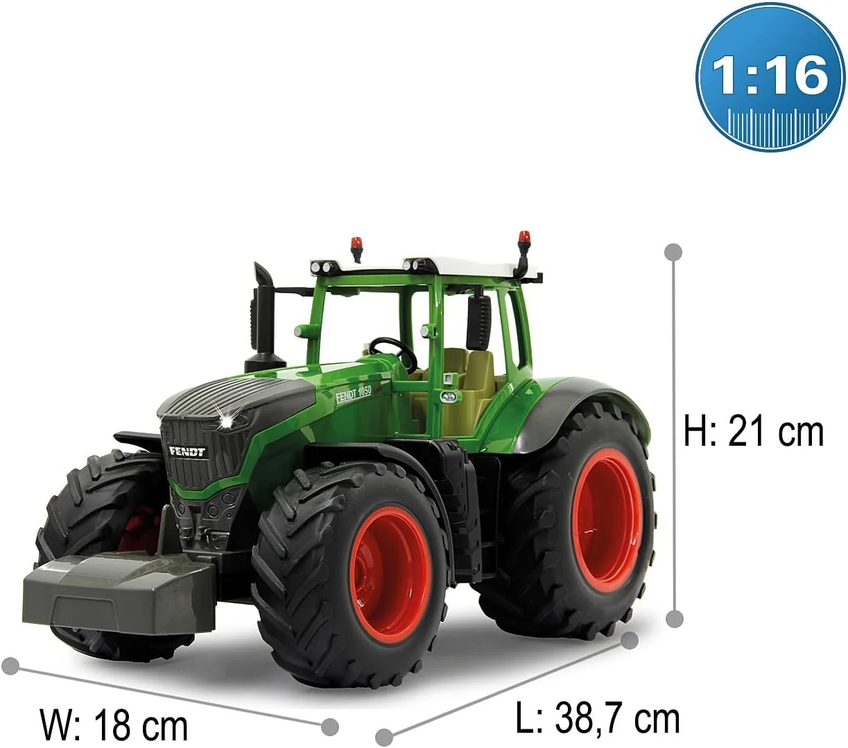 تراکتور کنترلی جامارا مدل Fendt 1050 Vario در مقیاس 1:16، فرکانس 2.4 گیگاهرتز، صدای موتور (قابل خاموش شدن)، صدای هشدار دنده عقب، بوق، عملکرد خاموش شدن، دو چرخ محرک، لاستیک های لاستیکی، ال ای دی های روشن، راهنمای جلو