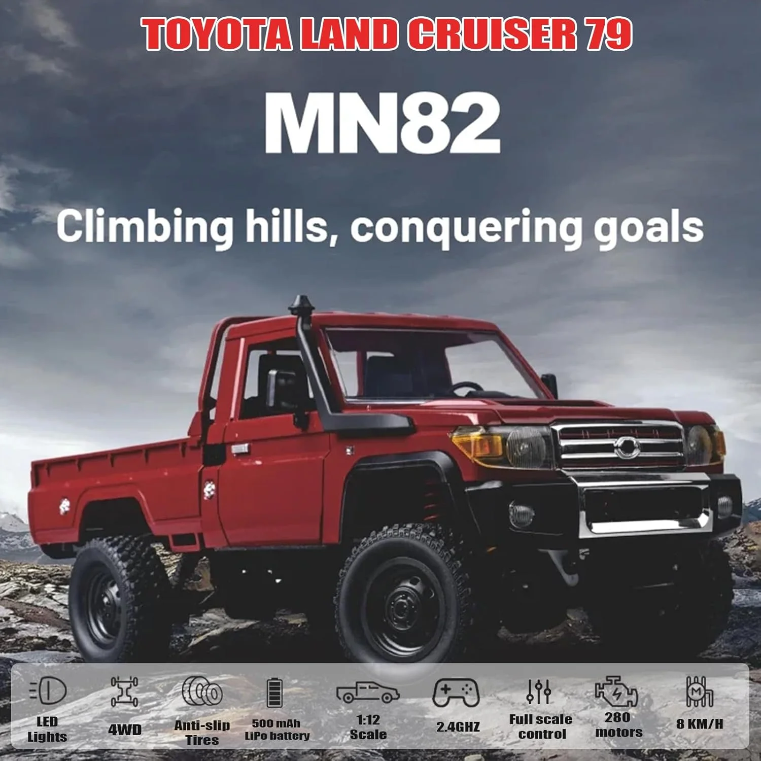 ماشین کنترلی صخره نورد LC79، کامیون صخره نورد کنترلی 1/12، پیکاپ آفرود MN-82 لندکروزر، ماشین کنترلی صخره نورد 2.4 گیگاهرتز با چراغ های جلوی قابل کنترل و 2 باتری