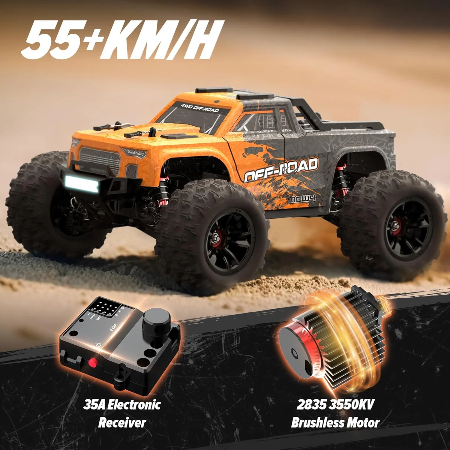 ماشین کنترلی براشلس Hosim، کامیون کنترلی سریع 4WD با سرعت 55+ کیلومتر در ساعت، ماشین های رادیویی آفرود ضد آب، اسباب بازی درجه سرگرمی، وسیله نقلیه الکتریکی خزنده هدیه برای پسران و کودکان (نارنجی) ماشین کنترلی براشلس Hosim، کامیون کنترلی سریع 4WD با سرعت 55+ کیلومتر در ساعت، ماشین های رادیویی آفرود ضد آب، اسباب بازی درجه سرگرمی، وسیله نقلیه الکتریکی خزنده هدیه برای پسران و کودکان (نارنجی)