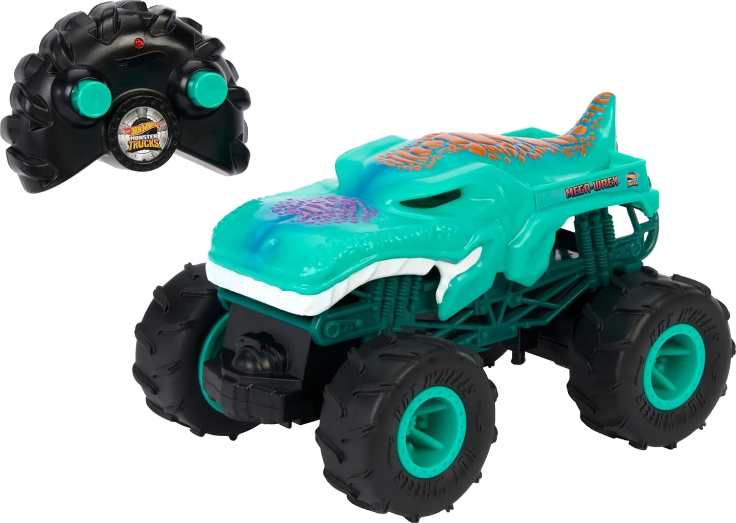 ماشین کنترلی غول پیکر Mega-Wrex Hot Wheels در مقیاس 1:24 با لاستیک های مناسب تمام سطوح، قابلیت انجام حرکات تک چرخ