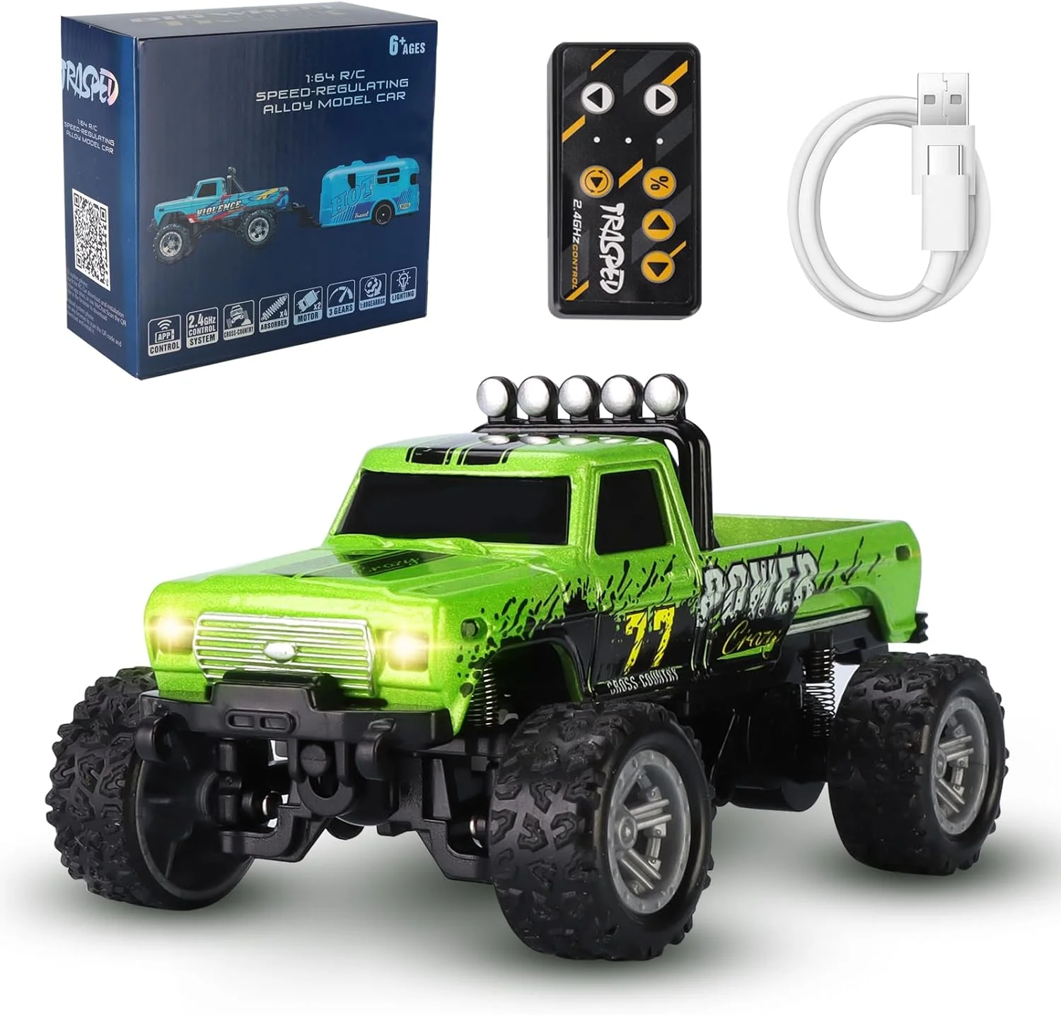 مینی کامیون آرسی، ماشین کنترلی مانستر تراک مقیاس 1:64 با چراغ، ماشین کنترلی آرسی و تریلر با کنترل از راه دور 2.4 گیگاهرتز، سرعت و فرمان قابل تنظیم (سبز)
