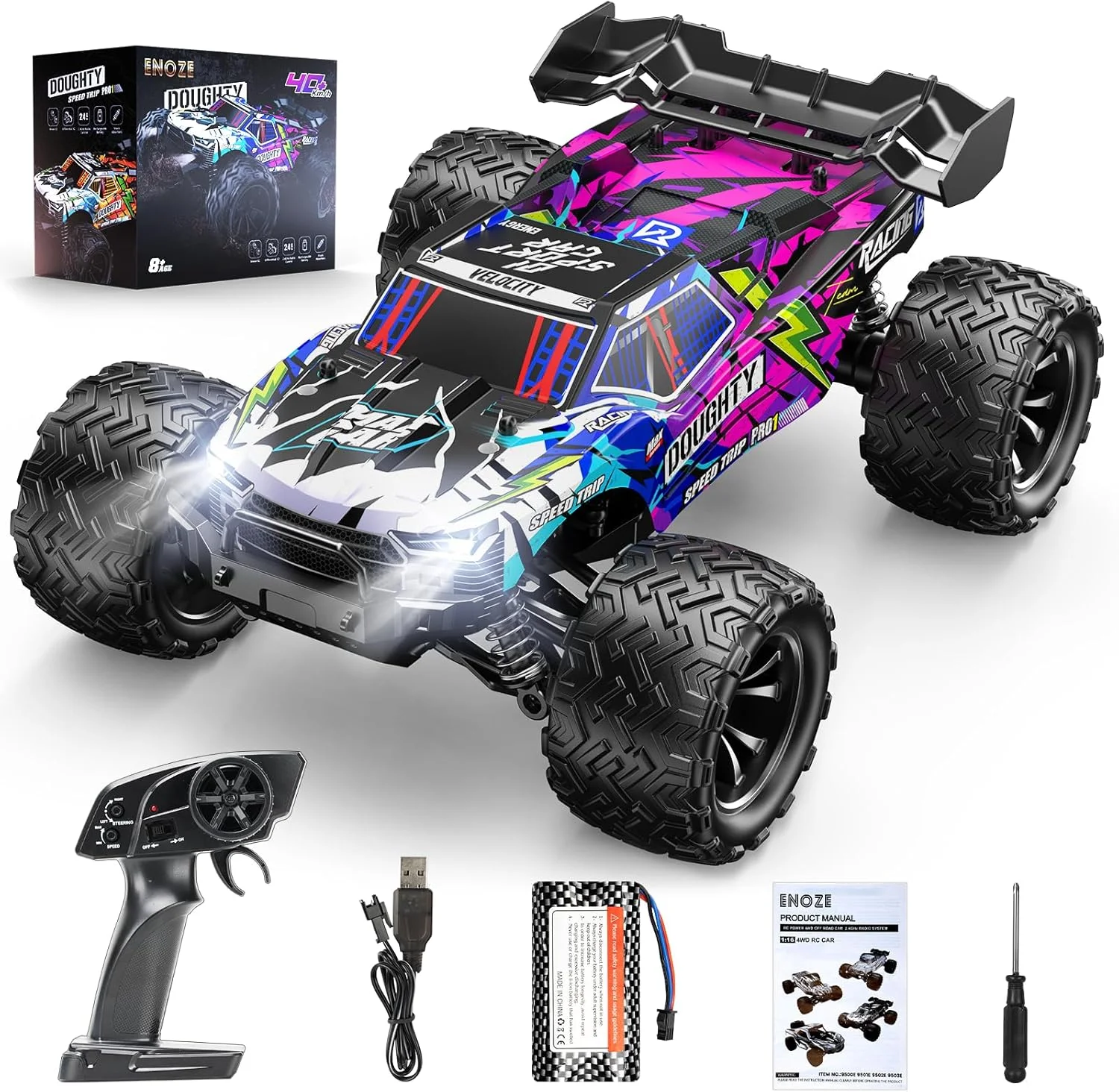 ماشین کنترلی پرسرعت مقیاس 1:16 با سرعت 40 کیلومتر بر ساعت، ماشین کنترلی آفرود 4WD با فرکانس 2.4 گیگاهرتز، دارای 2 عدد باتری 1500 میلی آمپر - مناسب برای تمام سطوح چمن، شن و ماسه.