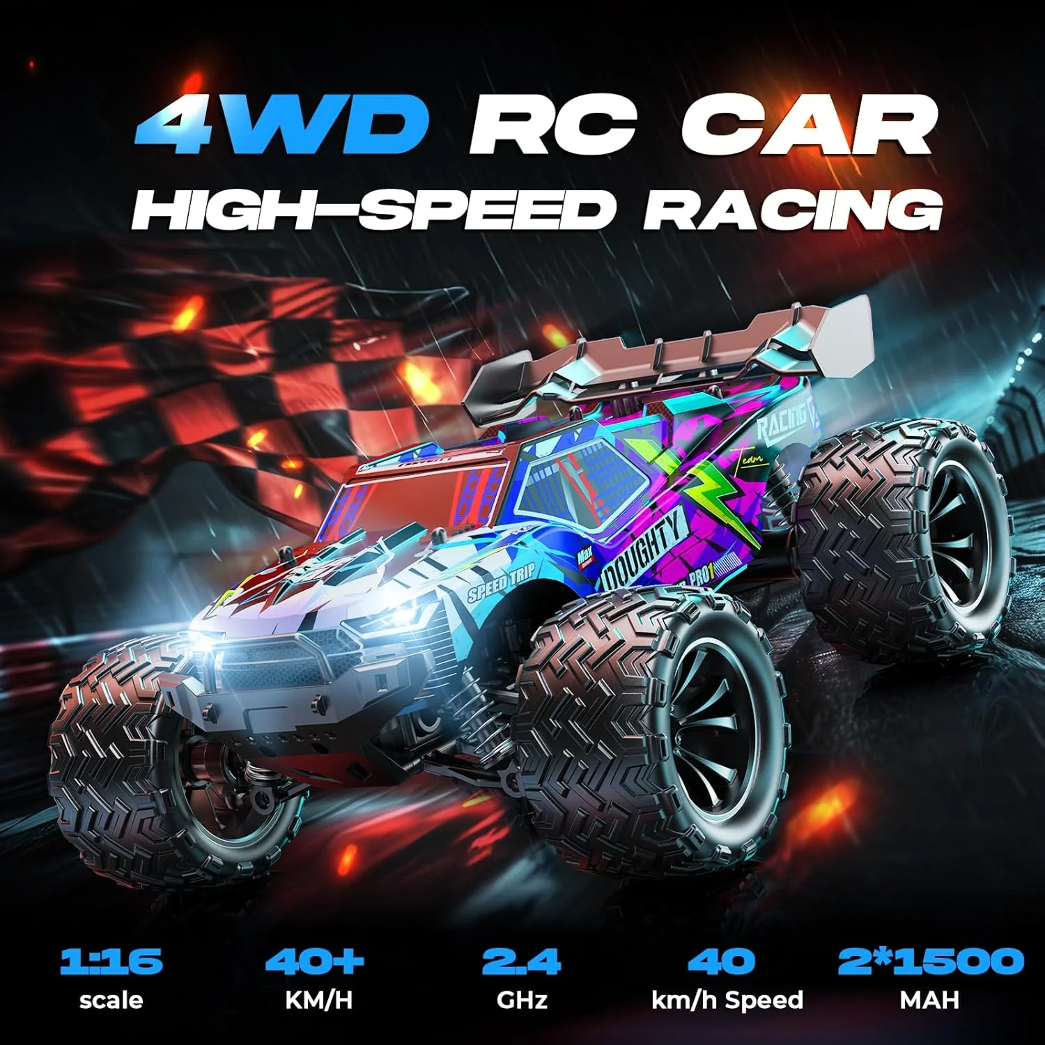 ماشین کنترلی پرسرعت مقیاس 1:16 با سرعت 40 کیلومتر بر ساعت، ماشین کنترلی آفرود 4WD با فرکانس 2.4 گیگاهرتز، دارای 2 عدد باتری 1500 میلی آمپر - مناسب برای تمام سطوح چمن، شن و ماسه. ماشین کنترلی پرسرعت مقیاس 1:16 با سرعت 40 کیلومتر بر ساعت، ماشین کنترلی آفرود 4WD با فرکانس 2.4 گیگاهرتز، دارای 2 عدد باتری 1500 میلی آمپر - مناسب برای تمام سطوح چمن، شن و ماسه.