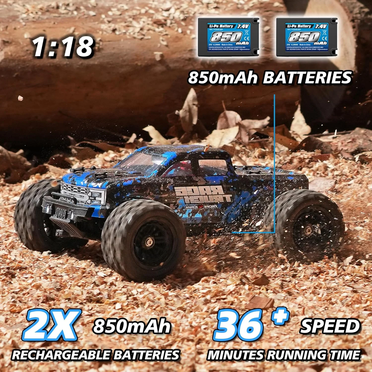 ماشین کنترلی HAIBOXING مدل 18859E، 2.4 گیگاهرتز 36 کیلومتر بر ساعت، ماشین آرسی چهار چرخ متحرک مناسب تمام سطوح، مانستر تراک آفرود RTR 1:18 همراه با 2 باتری، اسباب بازی کامیون برای کودکان و بزرگسالان