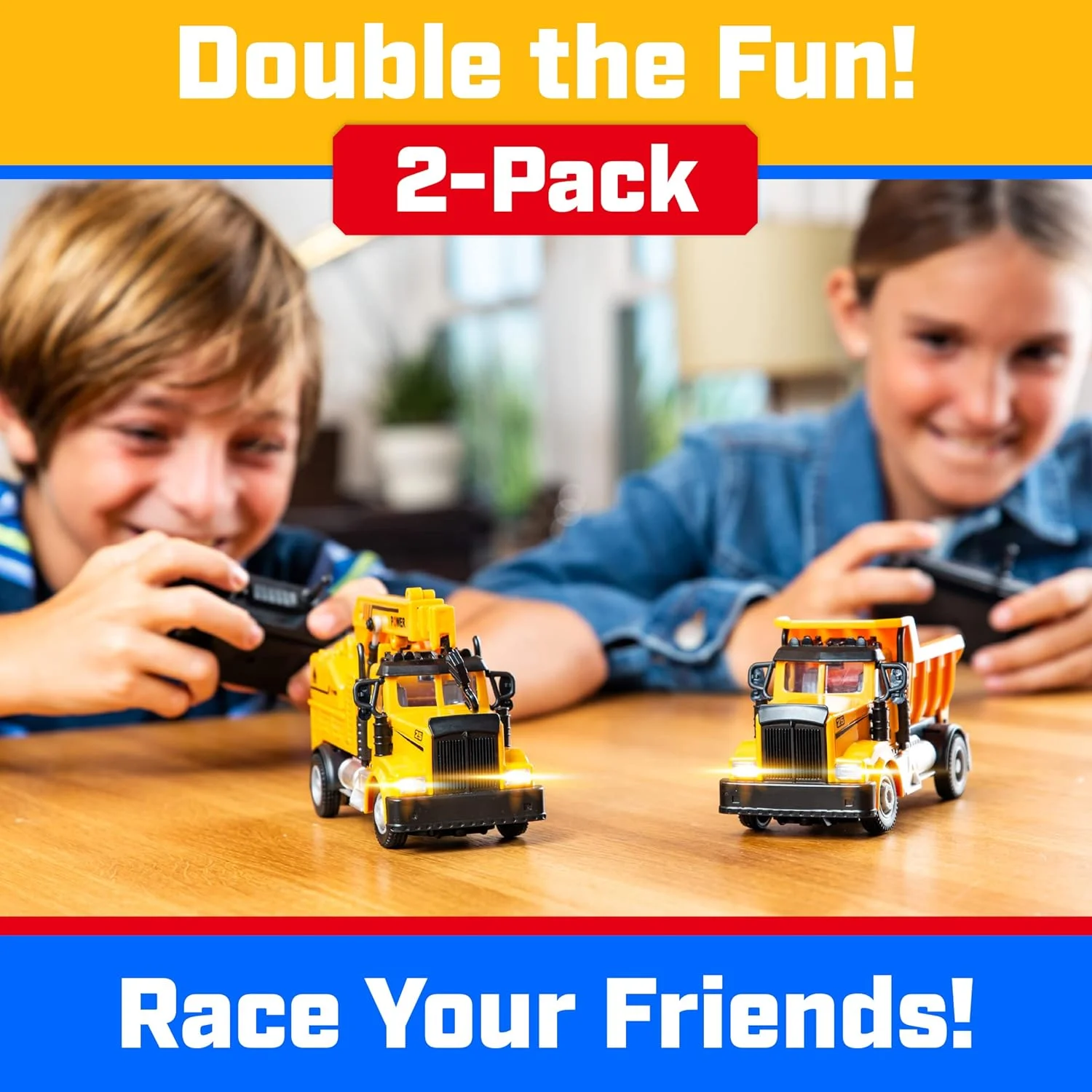 ست ماشین های ساختمانی کوچک کنترلی Force1 برای کودکان - مجموعه 2 عددی اسباب بازی با کامیون بیل مکانیکی کوچک و میکسر سیمان، کنترل از راه دور 2.4 گیگاهرتز، چراغ های LED روشن، 2 باتری، زرد