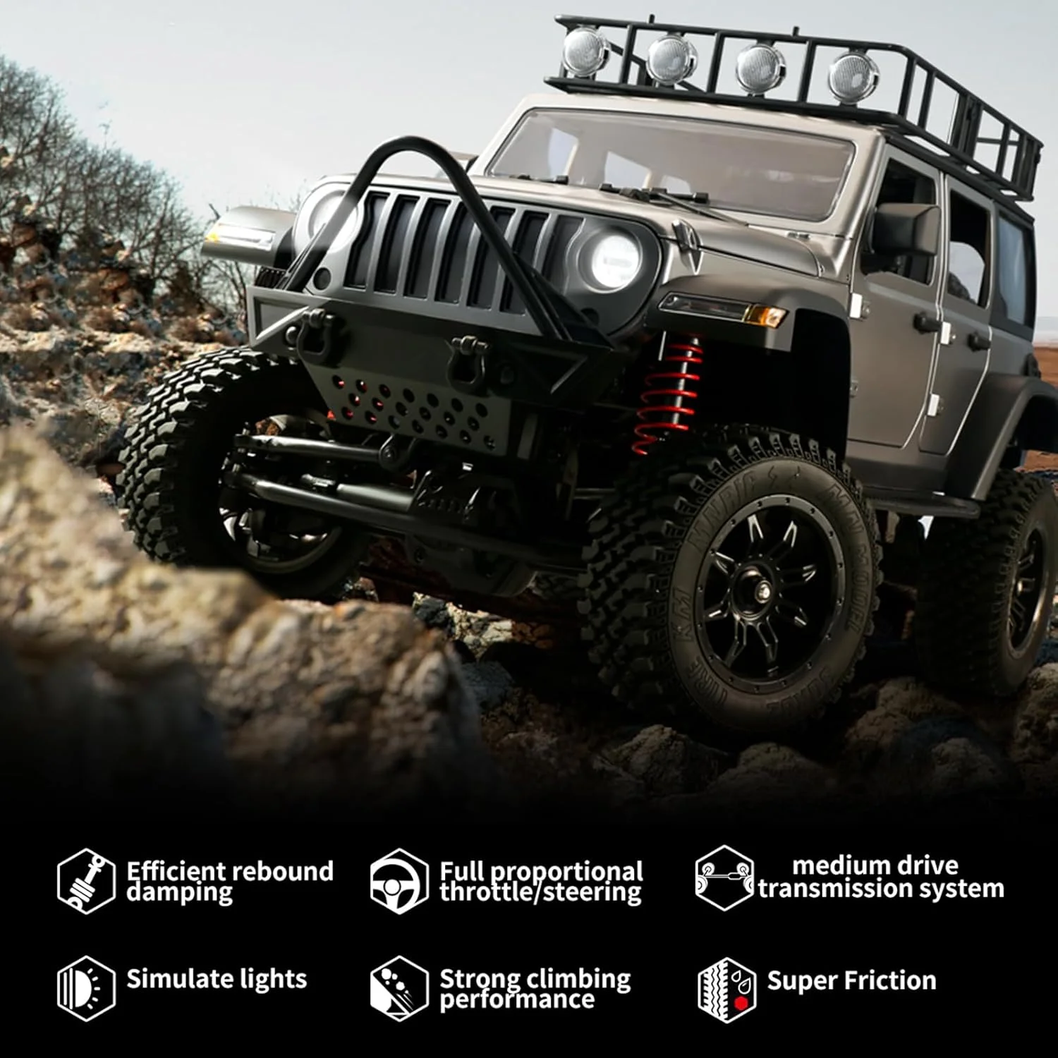 ماشین کنترلی صخره نورد GoolRC، مقیاس 1:12، 4WD، کامیون آفرود با چراغ، ماشین کنترلی 2.4 گیگاهرتزی 4x4 مناسب تمام زمین ها با 3 باتری