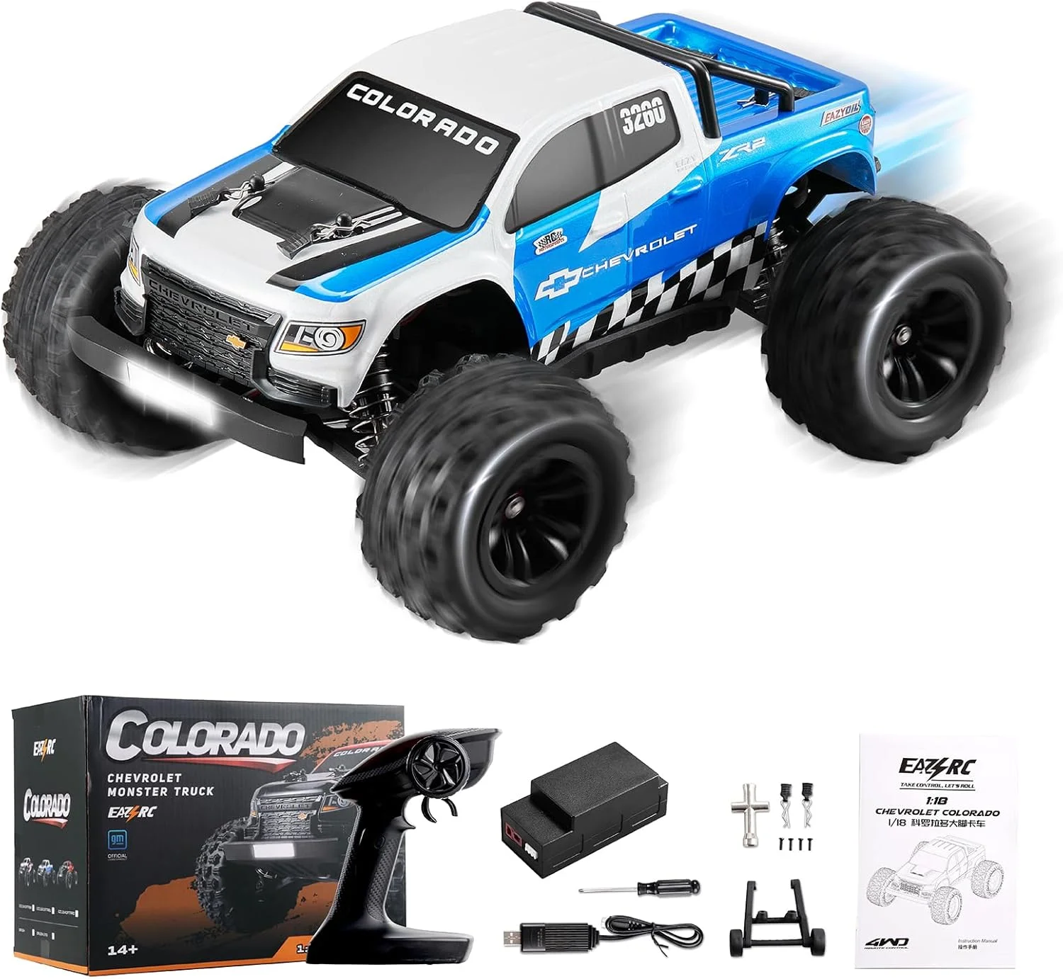 کامیون آرسی براشلس FCX، ماشین های آرسی فوق العاده سریع، کامیون های آرسی کلرادو شورلت 1/18، ماشین کنترلی با سرعت بالا 45 کیلومتر در ساعت با باتری قابل شارژ 2S برای بزرگسالان، آبی