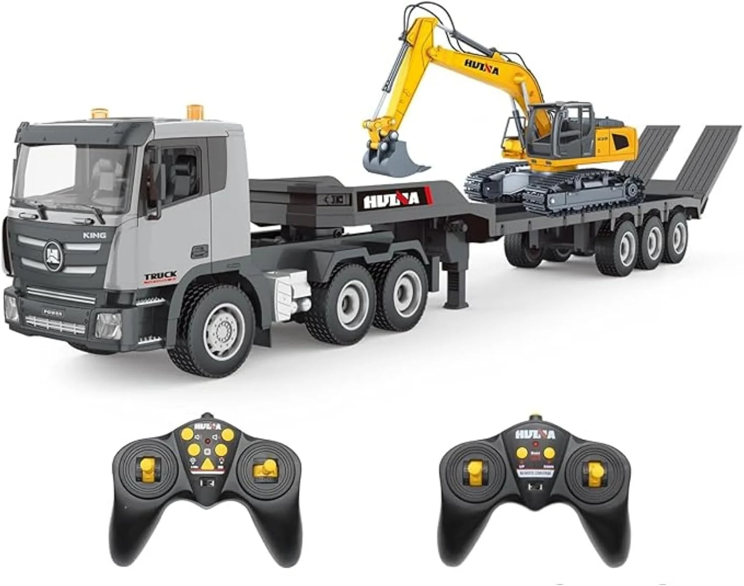 مجموعه کامیون نیمه تریلر و بیل مکانیکی کنترلی فیستون، اسباب بازی های کنترلی 2.4 گیگاهرتز، تراکتور مهندسی نیمه تریلر کنترلی 1:24 با صدا و نور، وسایل نقلیه ساختمانی برای پسران
