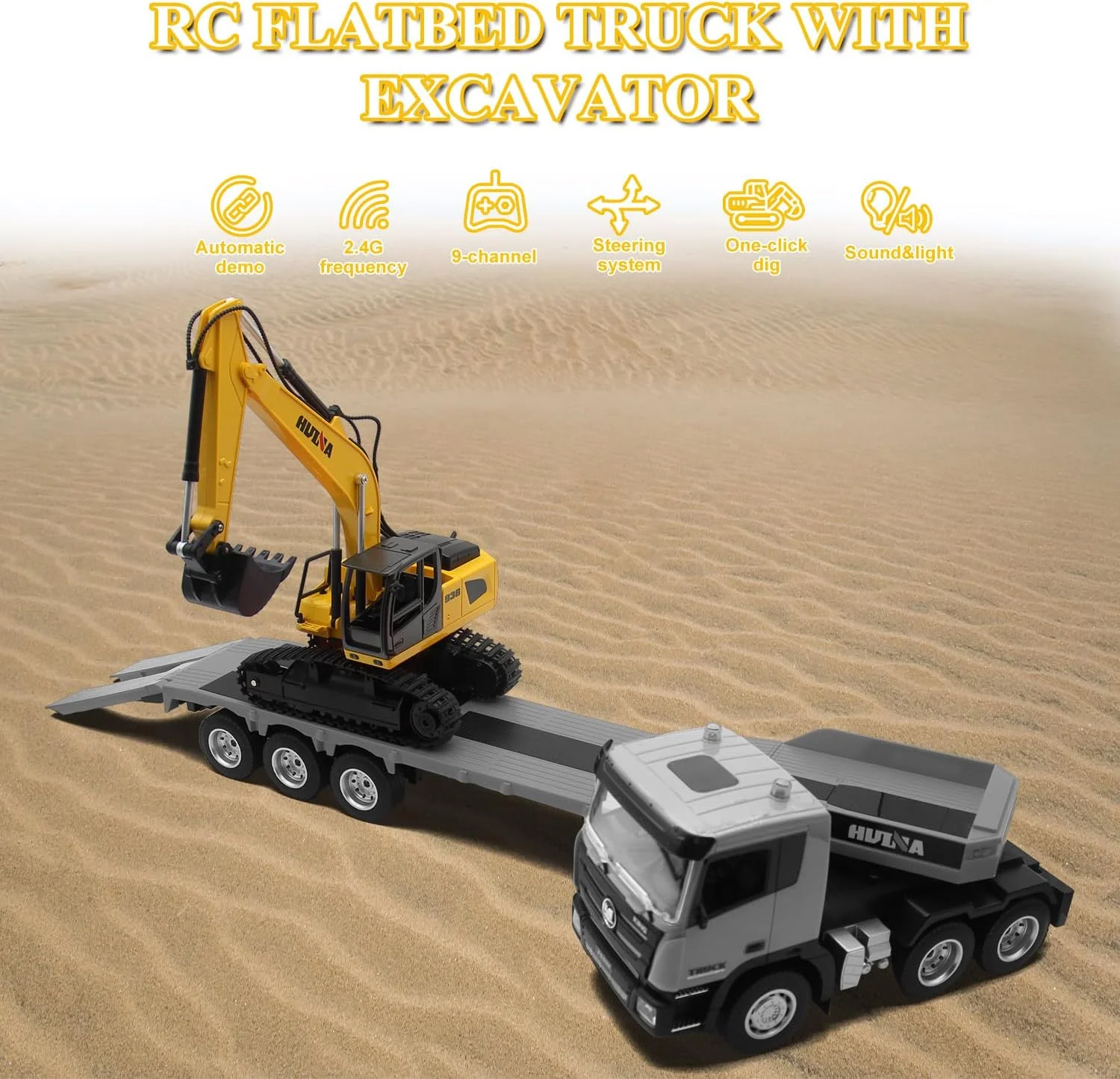 مجموعه کامیون نیمه تریلر و بیل مکانیکی کنترلی فیستون، اسباب بازی های کنترلی 2.4 گیگاهرتز، تراکتور مهندسی نیمه تریلر کنترلی 1:24 با صدا و نور، وسایل نقلیه ساختمانی برای پسران