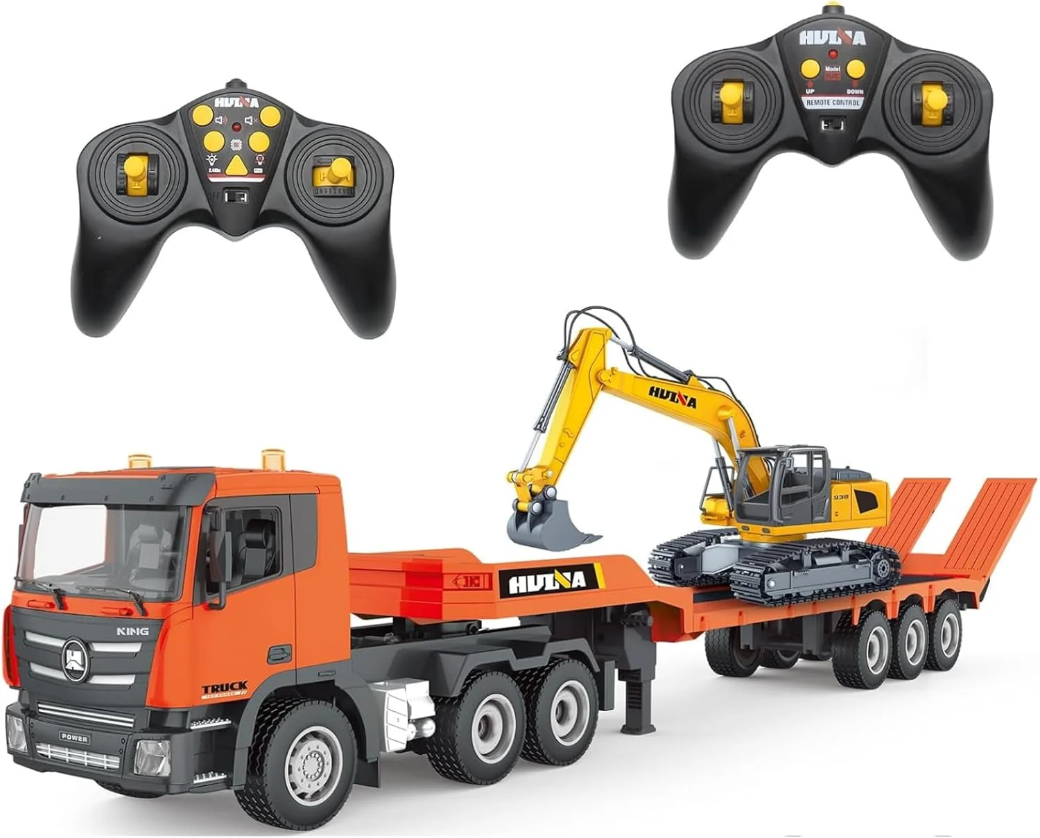مجموعه اسباب بازی کامیون و بیل مکانیکی فیستون، کامیون کفی کنترل از راه دور 2.4 گیگاهرتزی با اسباب بازی های بیل مکانیکی، کامیون نیمه تریلر RC در مقیاس 1/24 با صدا و چراغ، هدیه کامیون برای کودکان