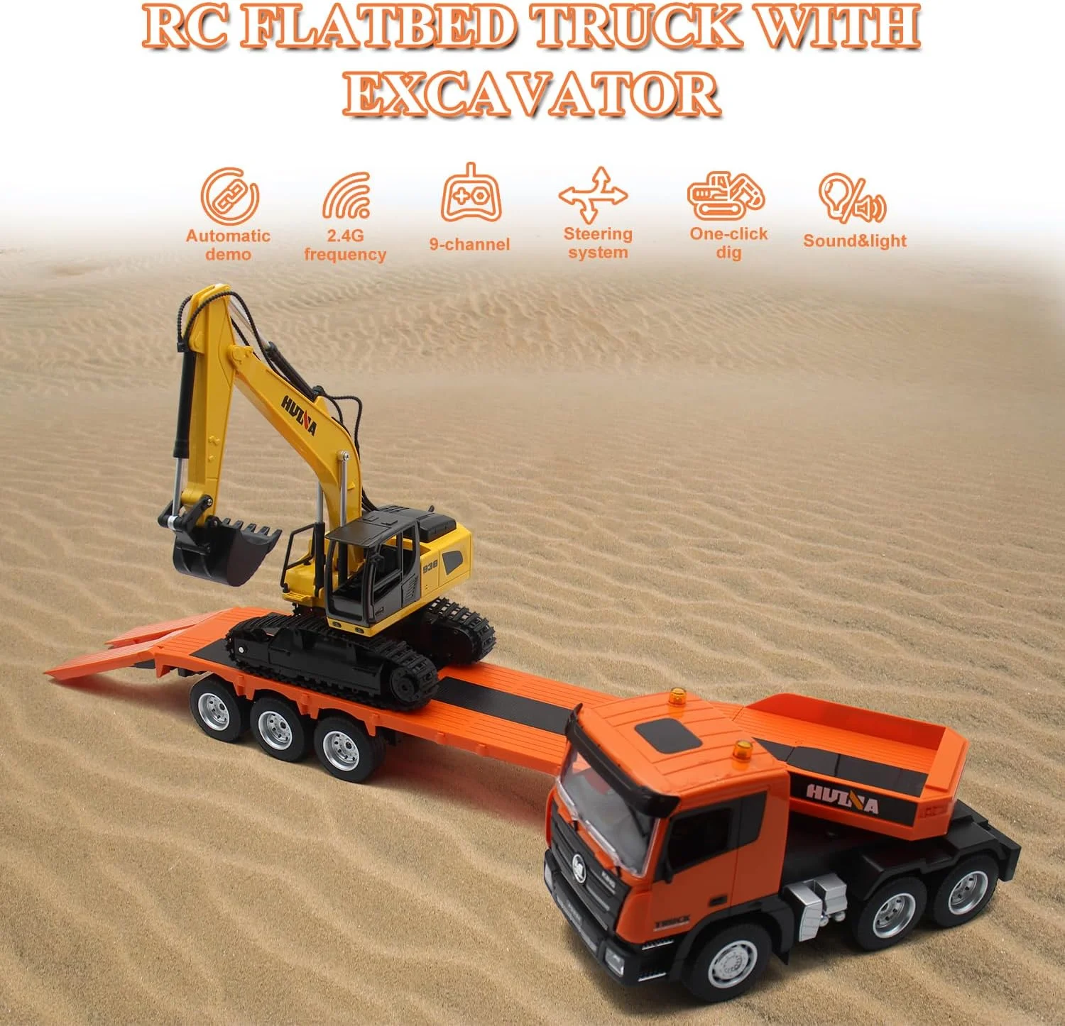 مجموعه اسباب بازی کامیون و بیل مکانیکی فیستون، کامیون کفی کنترل از راه دور 2.4 گیگاهرتزی با اسباب بازی های بیل مکانیکی، کامیون نیمه تریلر RC در مقیاس 1/24 با صدا و چراغ، هدیه کامیون برای کودکان