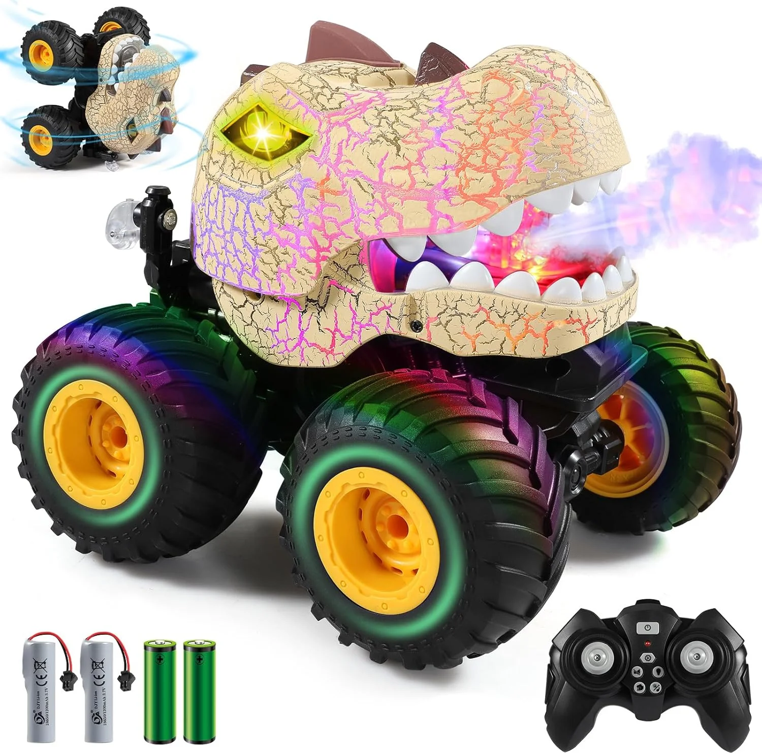 ماشین کنترلی DYODYORC، اسباب بازی کامیون هیولا دایناسوری آفرود 2.4 گیگاهرتز، کامیون RC با افکت اسپری، موسیقی و 3 جلوه نورپردازی، قابلیت انجام حرکات نمایشی، هدیه اسباب بازی برای پسران و دختران (زرد)