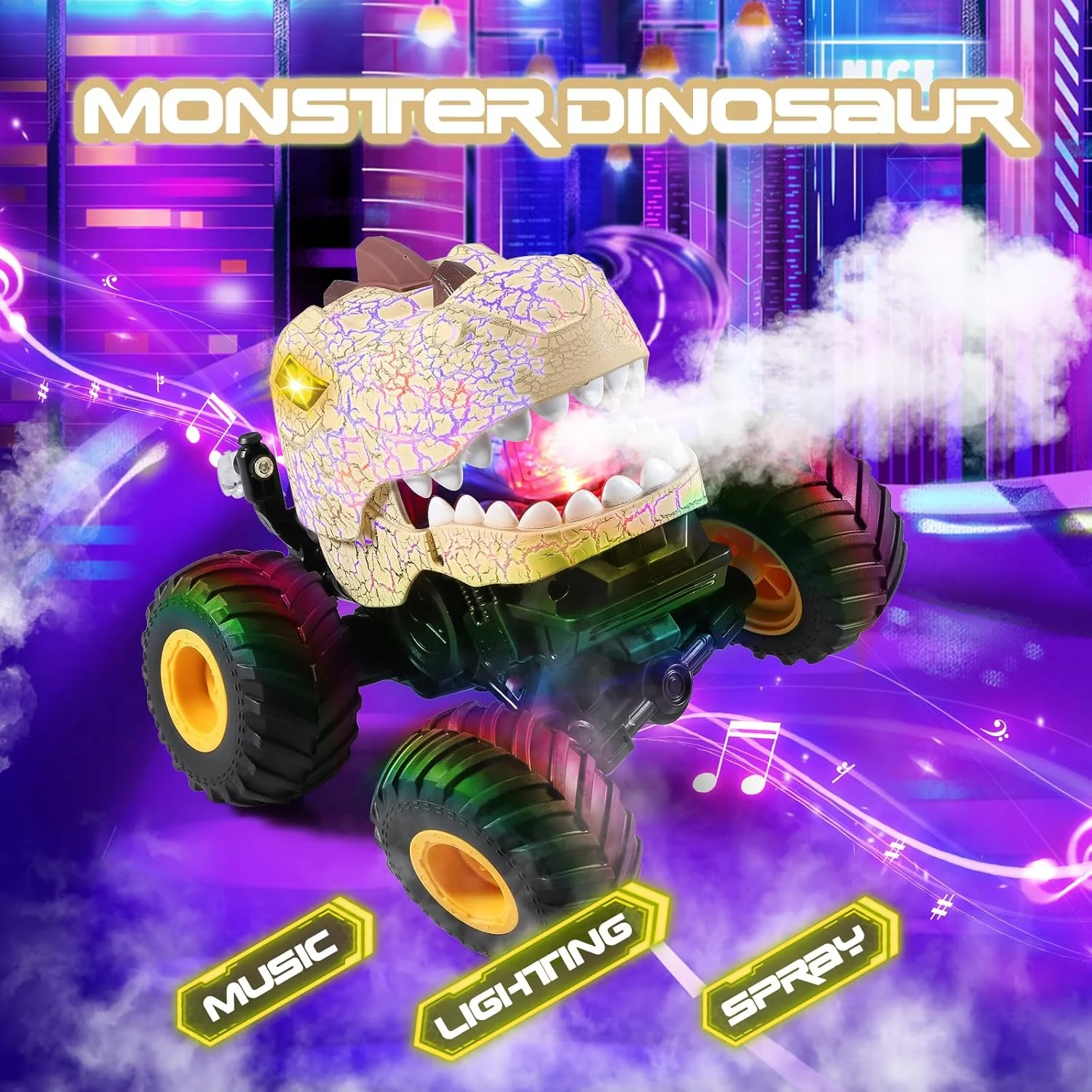 ماشین کنترلی DYODYORC، اسباب بازی کامیون هیولا دایناسوری آفرود 2.4 گیگاهرتز، کامیون RC با افکت اسپری، موسیقی و 3 جلوه نورپردازی، قابلیت انجام حرکات نمایشی، هدیه اسباب بازی برای پسران و دختران (زرد)