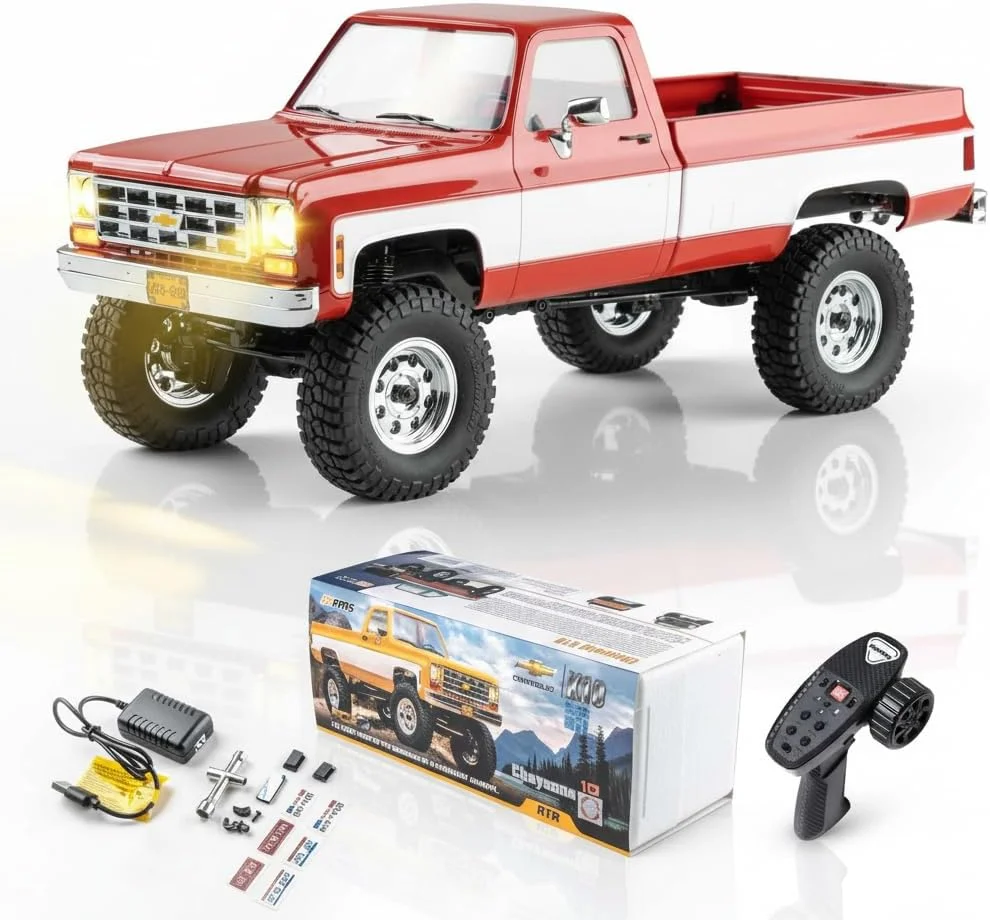 کامیون کنترلی EAZYRC FMS 1/18 FCX18 Chevy K10 RC Crawler RTR دارای مجوز قرمز، پیکاپ کنترلی 4x4 Chevy، کامیون هیولا با گیربکس 2 سرعته، دارای چراغ LED و باتری (قرمز)