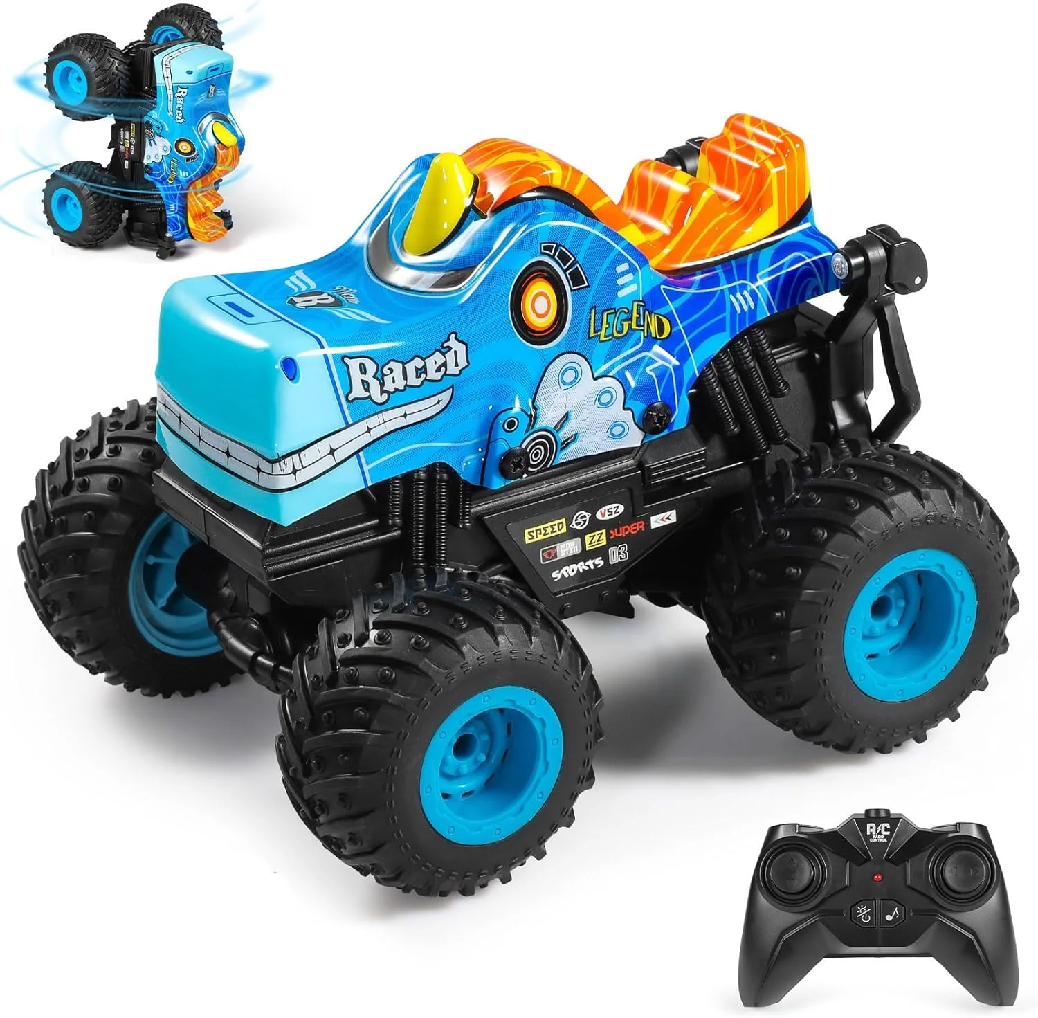 ماشین کنترلی DYODYORC، کامیون غول پیکر آفرود 2.4 گیگاهرتز، کامیون RC با موسیقی، 3 جلوه نورپردازی، قابلیت انجام 360 درجه، 2 باتری آماده برای استفاده، هدیه اسباب بازی برای پسران و دختران (آبی)