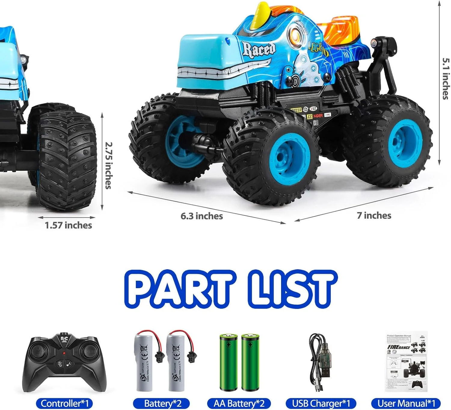 ماشین کنترلی DYODYORC، کامیون غول پیکر آفرود 2.4 گیگاهرتز، کامیون RC با موسیقی، 3 جلوه نورپردازی، قابلیت انجام 360 درجه، 2 باتری آماده برای استفاده، هدیه اسباب بازی برای پسران و دختران (آبی)