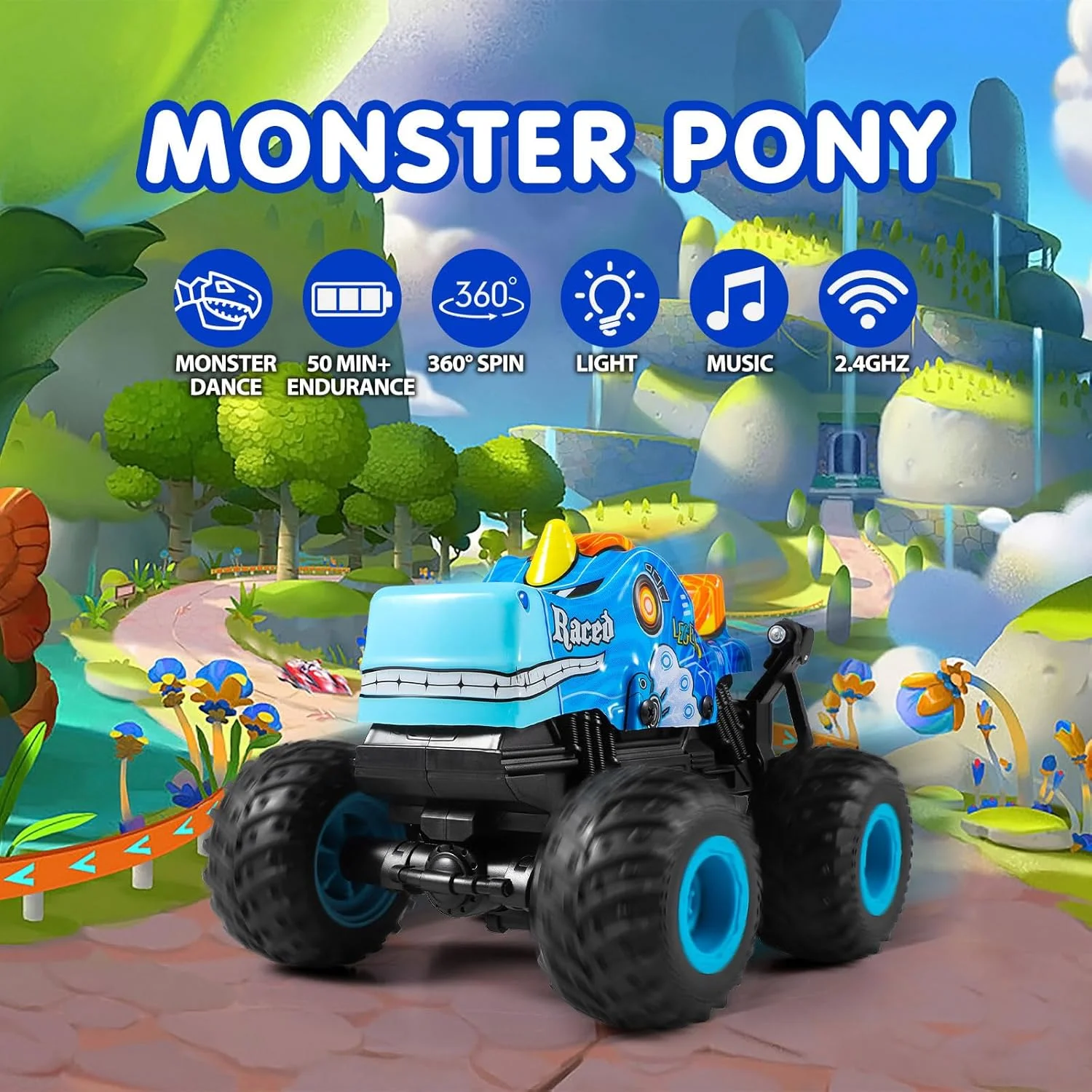 ماشین کنترلی DYODYORC، کامیون غول پیکر آفرود 2.4 گیگاهرتز، کامیون RC با موسیقی، 3 جلوه نورپردازی، قابلیت انجام 360 درجه، 2 باتری آماده برای استفاده، هدیه اسباب بازی برای پسران و دختران (آبی)
