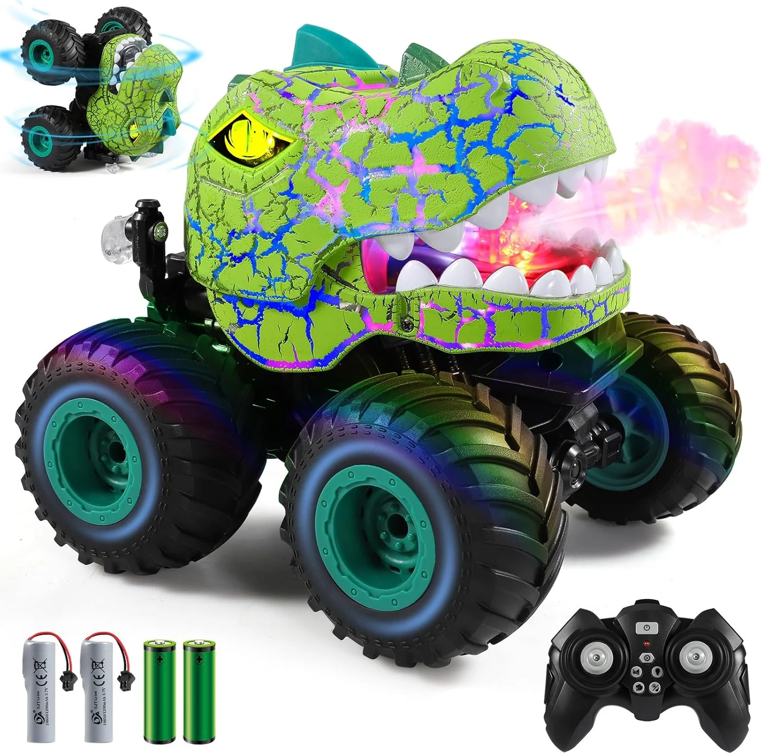 ماشین کنترلی DYODYORC، اسباب بازی کامیون هیولا دایناسوری با فرکانس 2.4 گیگاهرتز، کامیون RC با قابلیت اسپری، موزیک، 3 جلوه نورپردازی، قابلیت انجام حرکات نمایشی، هدیه اسباب بازی برای پسران و دختران (سبز)