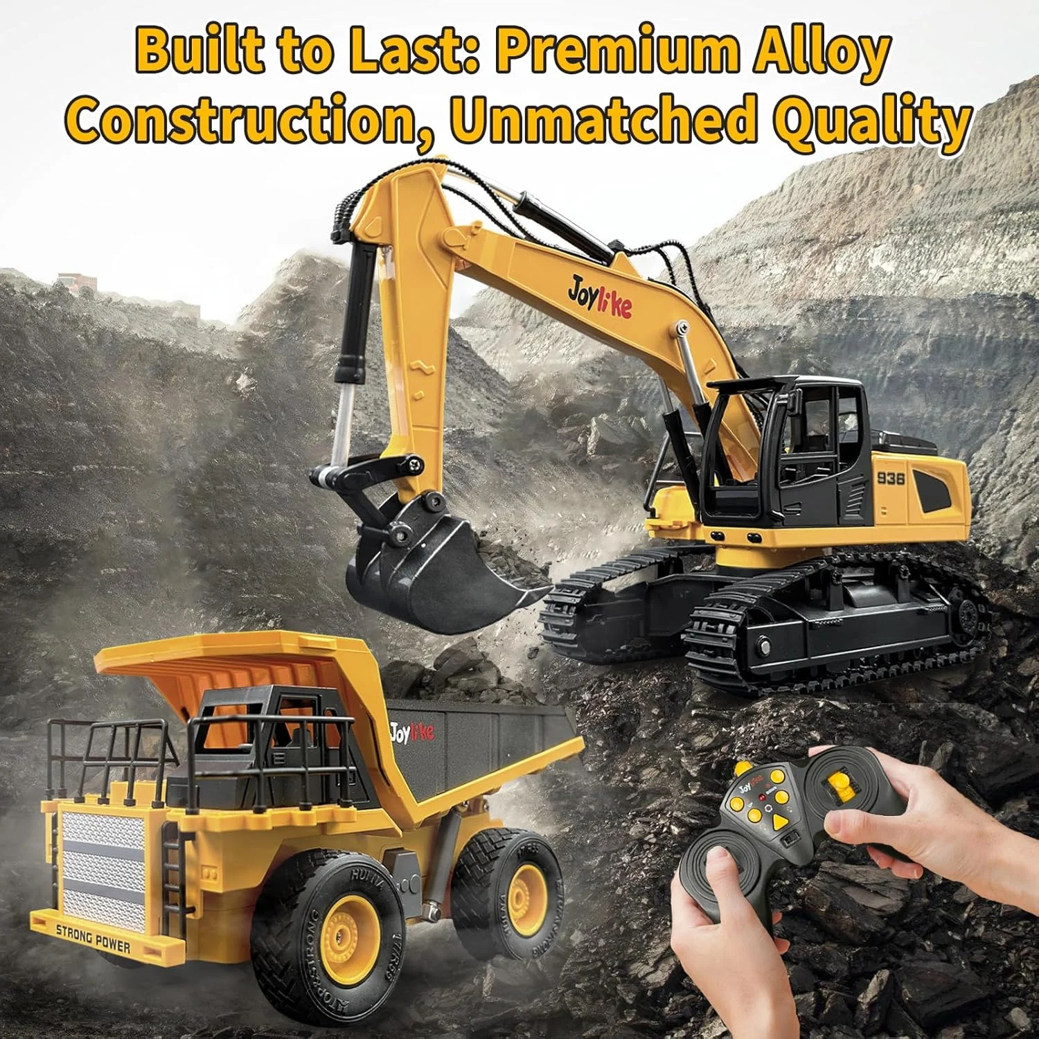 مجموعه اسباب بازی بیل مکانیکی و کامیون کمپرسی کنترلی، ماشین ساختمانی فلزی با کنترل از راه دور 2.4 گیگاهرتز با نور و صدا، بهترین اسباب بازی برای پسران 3-5 4-7 8-12 ساله