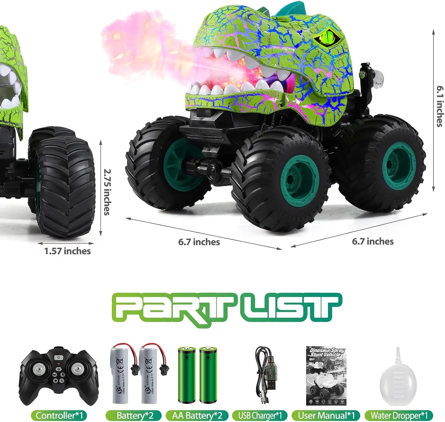 ماشین کنترلی DYODYORC، اسباب بازی کامیون هیولا دایناسوری با فرکانس 2.4 گیگاهرتز، کامیون RC با قابلیت اسپری، موزیک، 3 جلوه نورپردازی، قابلیت انجام حرکات نمایشی، هدیه اسباب بازی برای پسران و دختران (سبز)