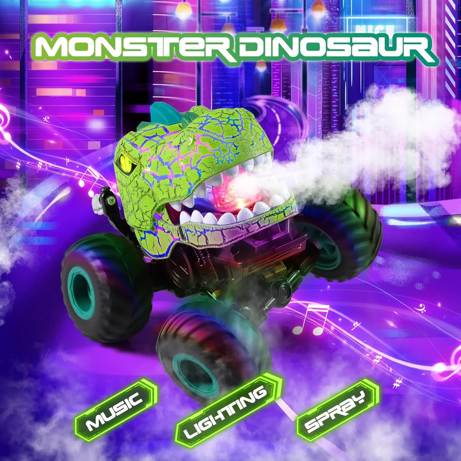 ماشین کنترلی DYODYORC، اسباب بازی کامیون هیولا دایناسوری با فرکانس 2.4 گیگاهرتز، کامیون RC با قابلیت اسپری، موزیک، 3 جلوه نورپردازی، قابلیت انجام حرکات نمایشی، هدیه اسباب بازی برای پسران و دختران (سبز)