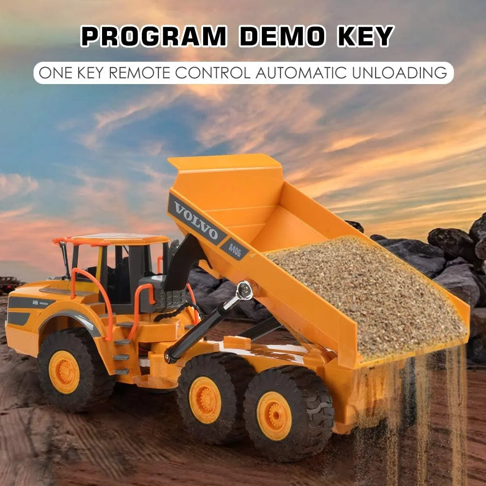 کامیون کمپرسی کنترلی ولوو DOUBLE E، حمل کننده مفصلی کنترلی با باتری قابل شارژ، 120 دقیقه زمان بازی، کامیون ساختمانی اسباب بازی کنترلی برای همه بزرگسالان و کودکان