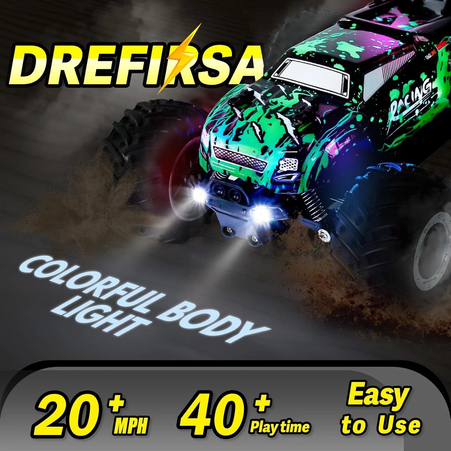 ماشین کنترلی 1:18 مناسب پسران 4-7 و 8-12 سال، ماشین هیولا کنترلی با سرعت 32 کیلومتر بر ساعت، مناسب تمام سطوح با بدنه چراغ دار رنگارنگ، چراغ جلو، موتور گشتاور بالا، اسباب بازی کامیون برای پسران 4-12 سال، هدیه تولد