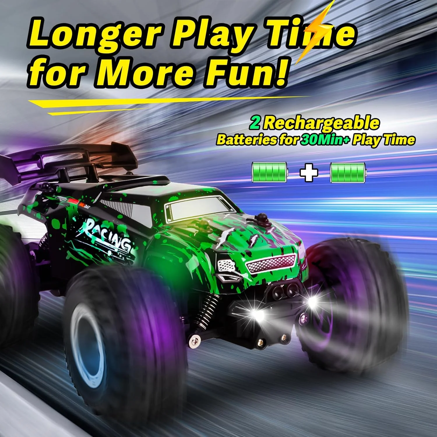 ماشین کنترلی 1:18 مناسب پسران 4-7 و 8-12 سال، ماشین هیولا کنترلی با سرعت 32 کیلومتر بر ساعت، مناسب تمام سطوح با بدنه چراغ دار رنگارنگ، چراغ جلو، موتور گشتاور بالا، اسباب بازی کامیون برای پسران 4-12 سال، هدیه تولد