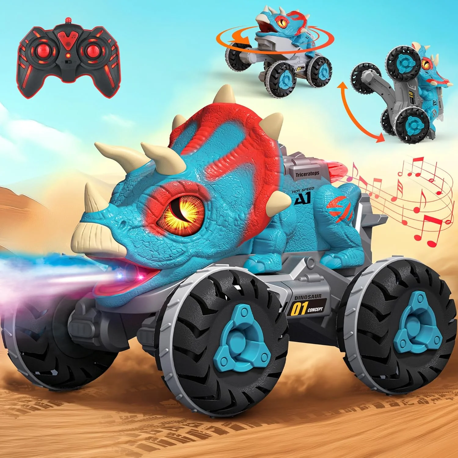 ماشین اسباب بازی دایناسور کنترلی با قابلیت اسپری، نور، صدا و موسیقی برای کودکان پسر 3-5، 5-7، 8-12 سال، کامیون دایناسور هیولا آرسی 2.4 گیگاهرتزی با باتری های قابل شارژ برای هدیه تولد کریسمس