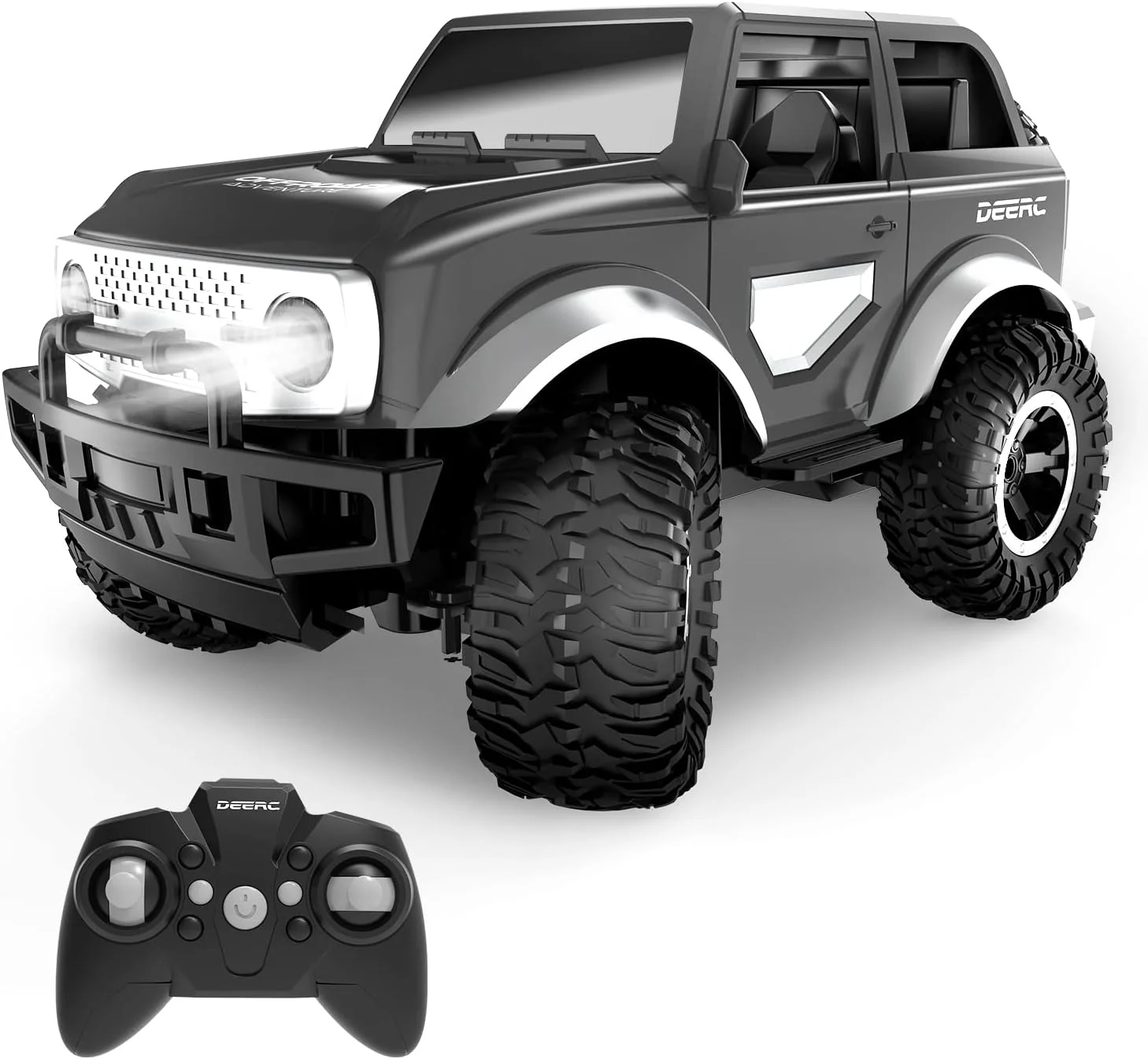 ماشین جیپ کنترلی DEERC با چراغ های جلو و عقب واقعی، 160 دقیقه بازی، ماشین SUV با لاستیک زاپاس، 2.4 گیگاهرتز 1:18، کامیون های هیولا آفرود برای پسران، هدیه ماشین کنترلی آفرود برای کودکان