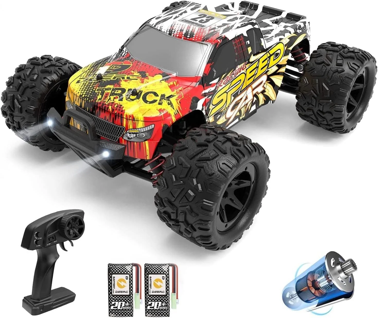 ماشین کنترلی پرسرعت DEERC برای بزرگسالان و کودکان با سرعت 30+ مایل در ساعت، مقیاس 1:18، کامیون هیولا آفرود 4WD، اسباب بازی های سریع 2.4 گیگاهرتزی مناسب برای تمام زمین ها، هدیه برای پسران، 2 باتری برای 40 دقیقه بازی
