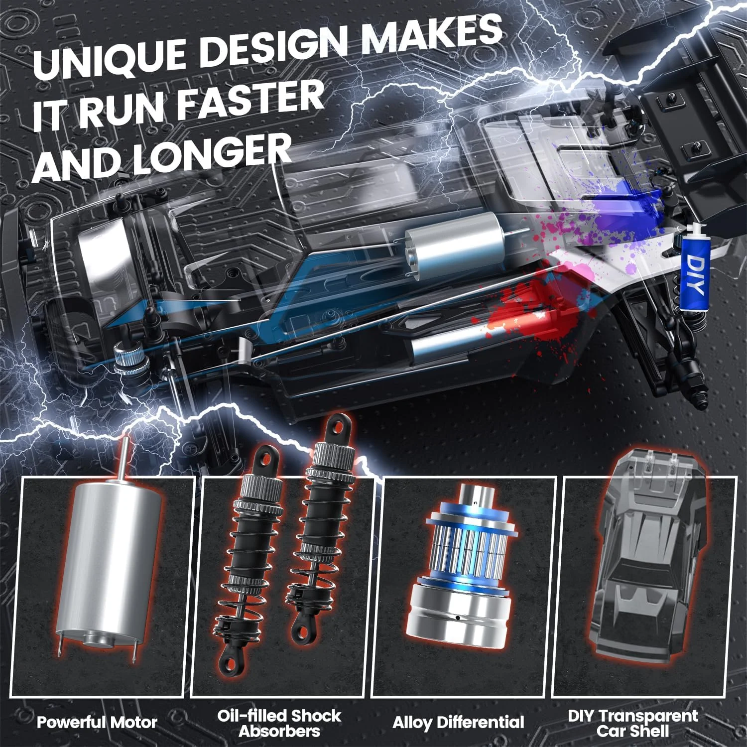 ماشین کنترلی بزرگ DEERC 9206E DIY با پوسته اضافی، مقیاس 1:10، سرعت بالای 48+ کیلومتر بر ساعت، مناسب برای بزرگسالان و پسران، ماشین کنترلی آفرود 4WD 2.4GHz با 2 باتری برای 40+ دقیقه بازی
