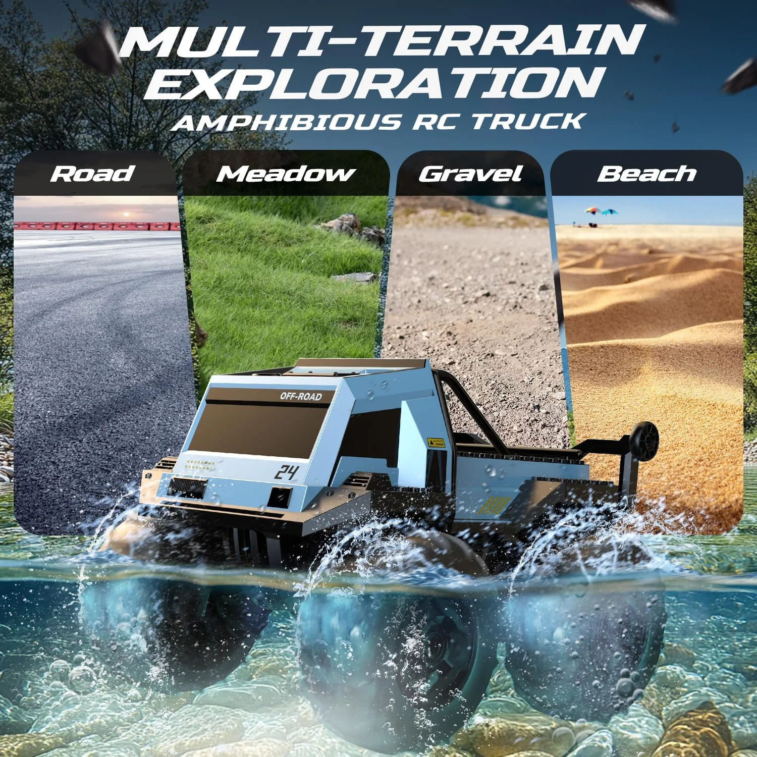 ماشین کنترلی از راه دور آبی-خاکی DEERC، اسباب بازی کامیون هیولا آفرود 4WD، ماشین کنترلی 2.4 گیگاهرتزی مناسب تمام سطوح با قابلیت انجام حرکات نمایشی برای پسران به همراه بلوک های ساختمانی، چرخش 360 درجه، 60+ دقیقه زمان بازی اسباب بازی ضد آب مناسب استخر هدیه برای کودکان