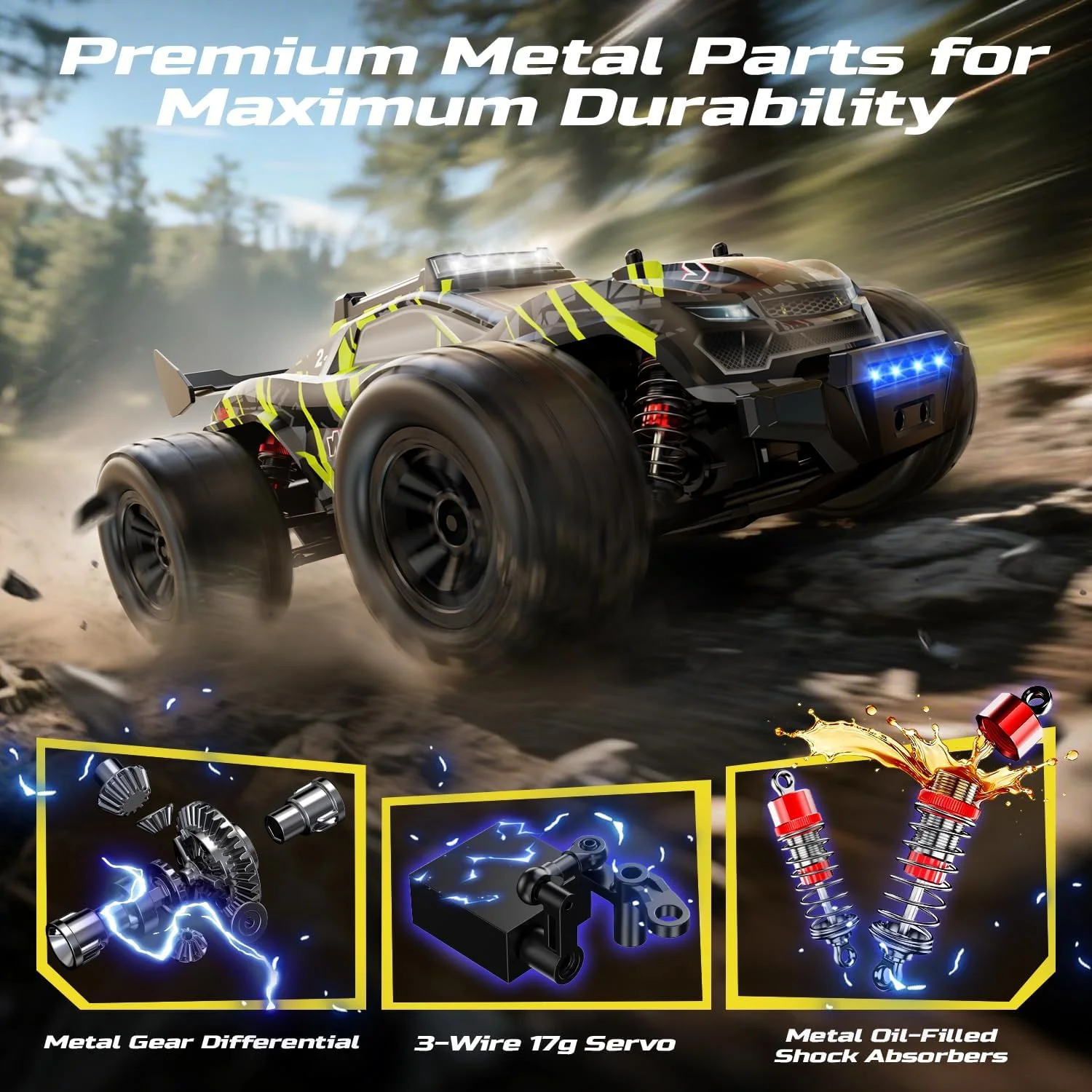 ماشین کنترلی براشلس DEERC برای بزرگسالان، مقیاس 1:14، سرعت حداکثر 70 کیلومتر بر ساعت، کامیون هیولا آفرود 4WD با چراغ های 7 رنگ و 3 حالت نور، کمک فنرهای روغنی فلزی، 2 باتری 7.4 ولت، سیستم انتقال قدرت تمام فلزی، سازگار با 3S Lipo