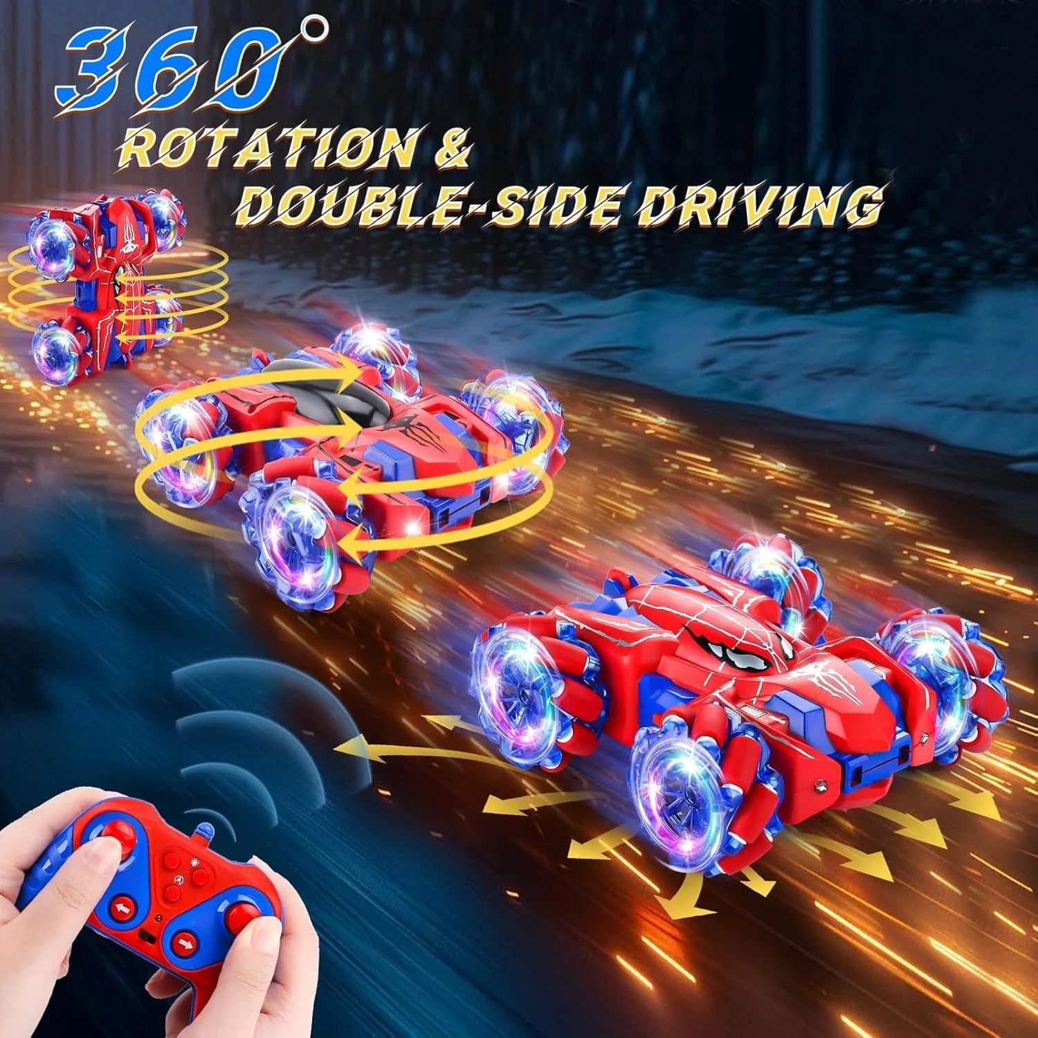 ماشین کنترلی عنکبوتی، ماشین های آرسی 2.4 گیگاهرتزی با چراغ جلو، دو طرفه، آفرود، چرخش 360 درجه، شارژی، 4WD، ماشین بدلکاری آرسی، اسباب بازی های عنکبوتی داخلی و خارجی برای پسران 4-6 5-7 8-13
