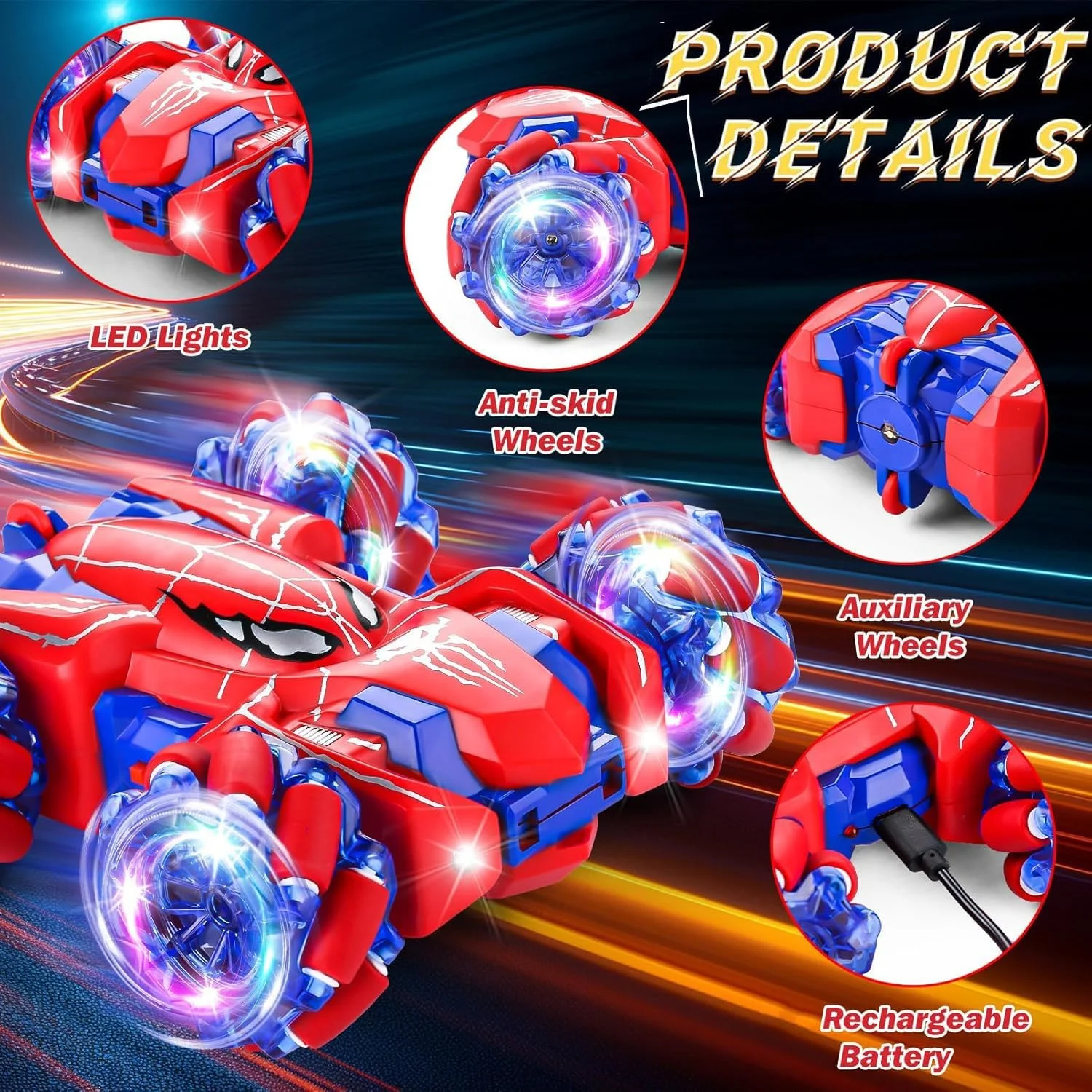 ماشین کنترلی عنکبوتی، ماشین های آرسی 2.4 گیگاهرتزی با چراغ جلو، دو طرفه، آفرود، چرخش 360 درجه، شارژی، 4WD، ماشین بدلکاری آرسی، اسباب بازی های عنکبوتی داخلی و خارجی برای پسران 4-6 5-7 8-13