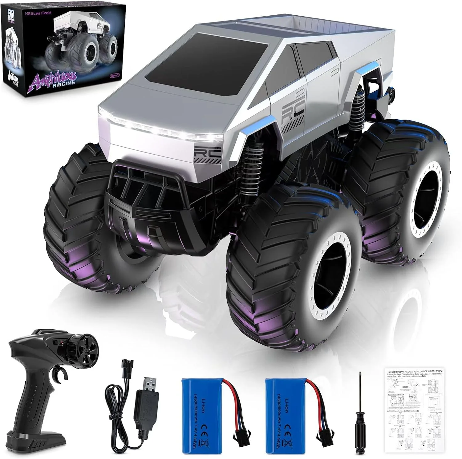 ماشین کنترلی از راه دور ۱:۱۶، ماشین های آرسی ضد آب ۲.۴ گیگاهرتز، کامیون آرسی دوزیست ۴ چرخ متحرک، کامیون هیولا کنترلی از راه دور آفرود تمام زمینی، اسباب بازی ماشین آرسی پیکاپ برای پسران و دختران ۶ سال به بالا