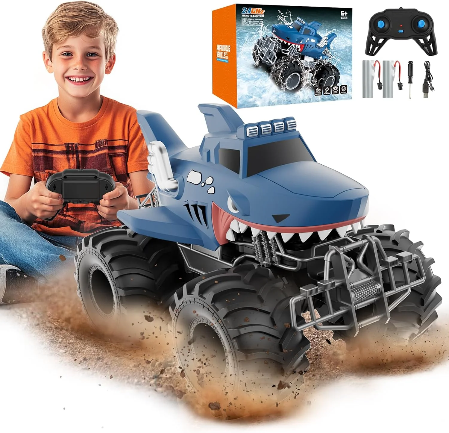 ماشین کنترلی شارکی با مقیاس 1:16، اسباب بازی کامیون ضد آب با کنترل از راه دور 2.4 گیگاهرتز، ماشین های آرسی چهار چرخ محرک مناسب تمام سطوح به همراه 2 باتری قابل شارژ - آبی