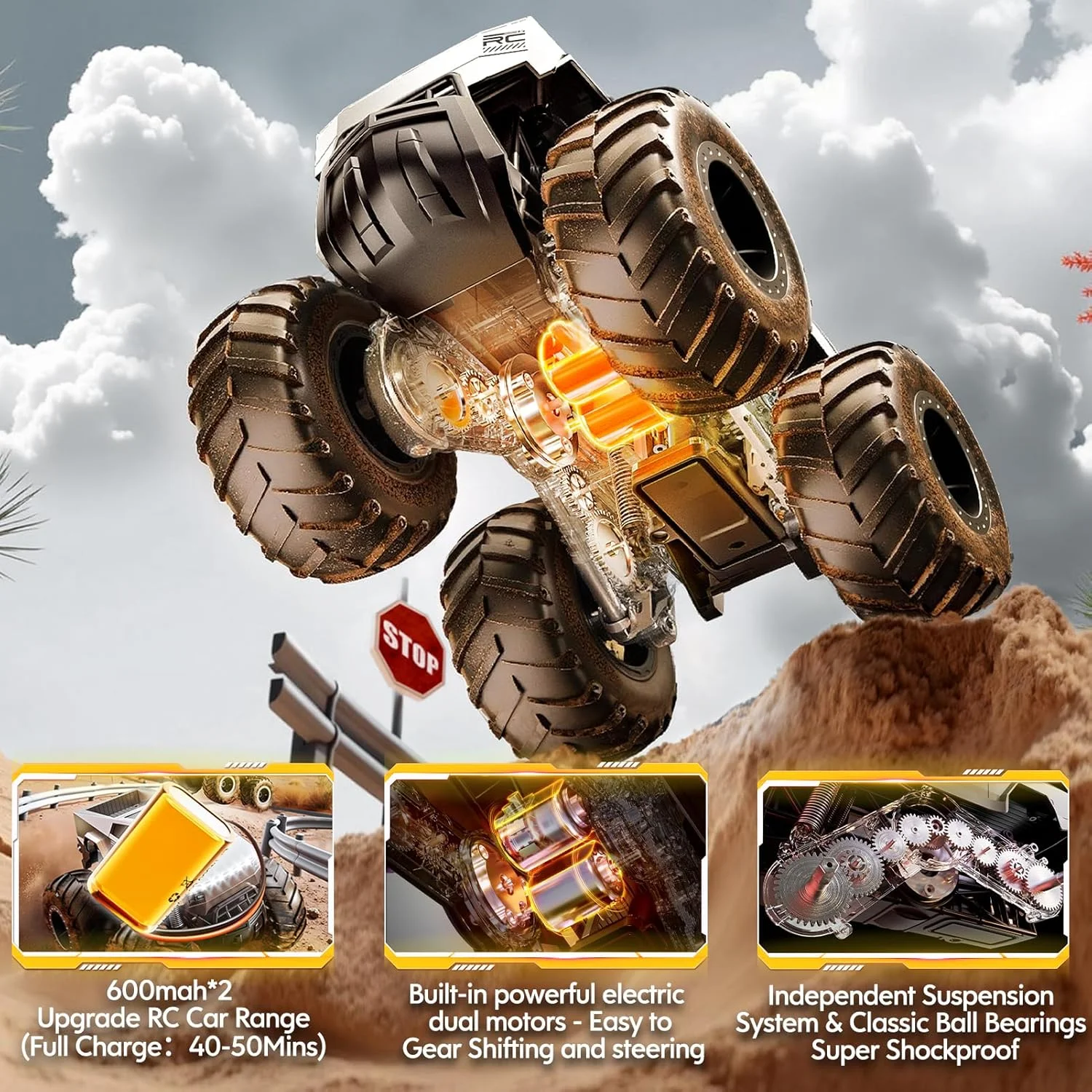 ماشین کنترلی از راه دور، کامیون آفرود، ماشین های اسباب بازی آرسی چهار چرخ متحرک برای تمام زمین ها، اسباب بازی های کامیون هیولا در مقیاس 1:16، وسایل نقلیه 2.4 گیگاهرتز، هدیه برای پسران/دختران 6 7 8 9 10-12+