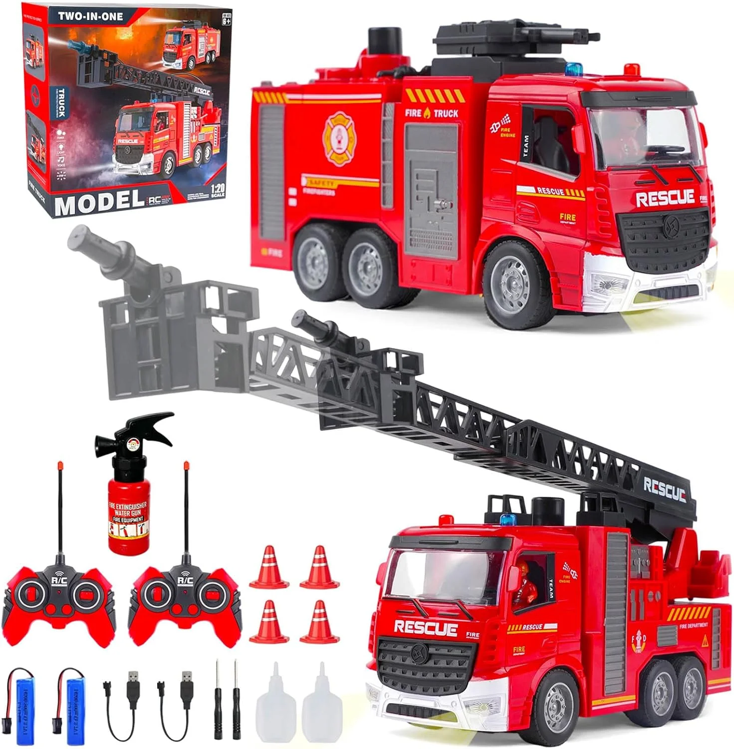ست اسباب بازی ماشین آتش نشانی کنترلی با چراغ، صدا، نردبان و آب پاش، شامل 2 ماشین آتش نشانی، 2 آتش نشان، 4 سطل و 1 خاموش کننده، ست اسباب بازی آتش نشانی برای کودکان