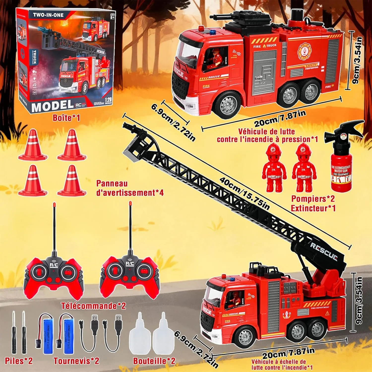 ست اسباب بازی ماشین آتش نشانی کنترلی با چراغ، صدا، نردبان و آب پاش، شامل 2 ماشین آتش نشانی، 2 آتش نشان، 4 سطل و 1 خاموش کننده، ست اسباب بازی آتش نشانی برای کودکان
