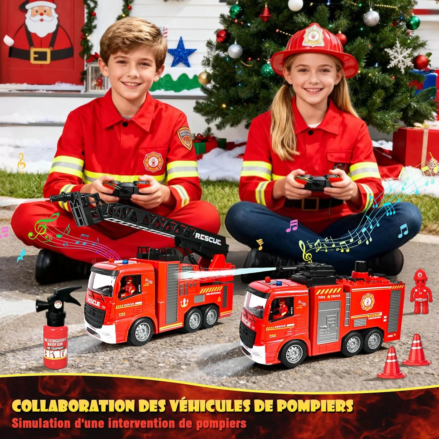 ست اسباب بازی ماشین آتش نشانی کنترلی با چراغ، صدا، نردبان و آب پاش، شامل 2 ماشین آتش نشانی، 2 آتش نشان، 4 سطل و 1 خاموش کننده، ست اسباب بازی آتش نشانی برای کودکان