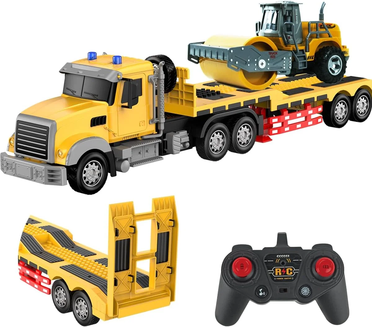 کامیون نیمه تریلر کنترلی - تراکتور مهندسی نیمه تریلر آرسی 24 اینچی با اسباب بازی غلتک جاده، کامیون 1:24 با چراغ های ال ای دی و موسیقی، هدیه ای عالی برای پسران و دختران