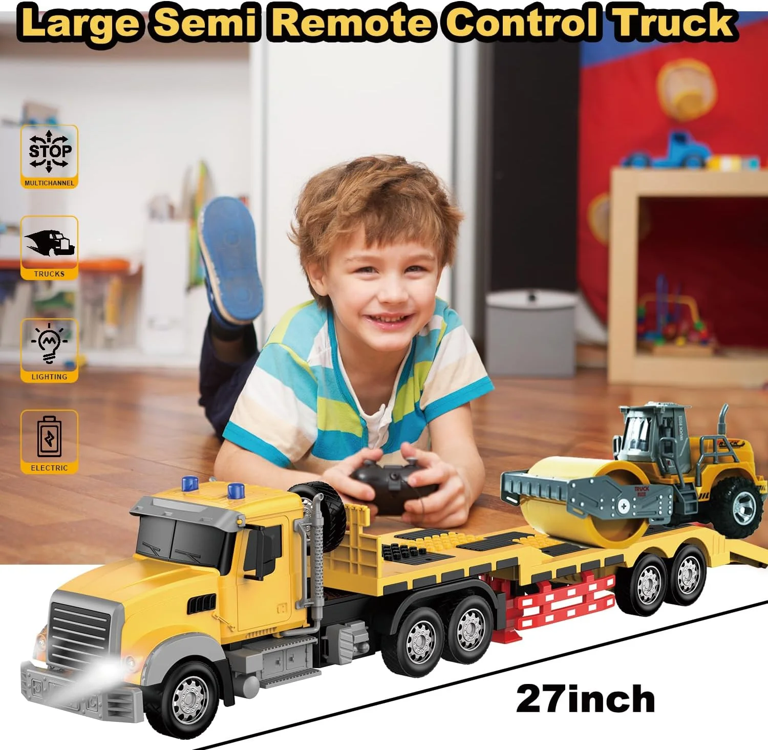 کامیون نیمه تریلر کنترلی - تراکتور مهندسی نیمه تریلر آرسی 24 اینچی با اسباب بازی غلتک جاده، کامیون 1:24 با چراغ های ال ای دی و موسیقی، هدیه ای عالی برای پسران و دختران