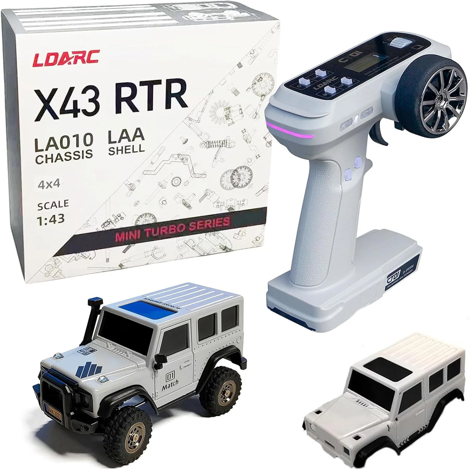 ماشین صخره نورد آرسی LDARC مدل X43، مینی آرسی 4WD RTR مقیاس 1/43، کامیون صخره نورد آرسی 2.4 گیگاهرتز، مدل ماشین آرسی درجه سرگرمی، مینی باگی آرسی، همراه با بدنه سفید DIY (خاکستری)